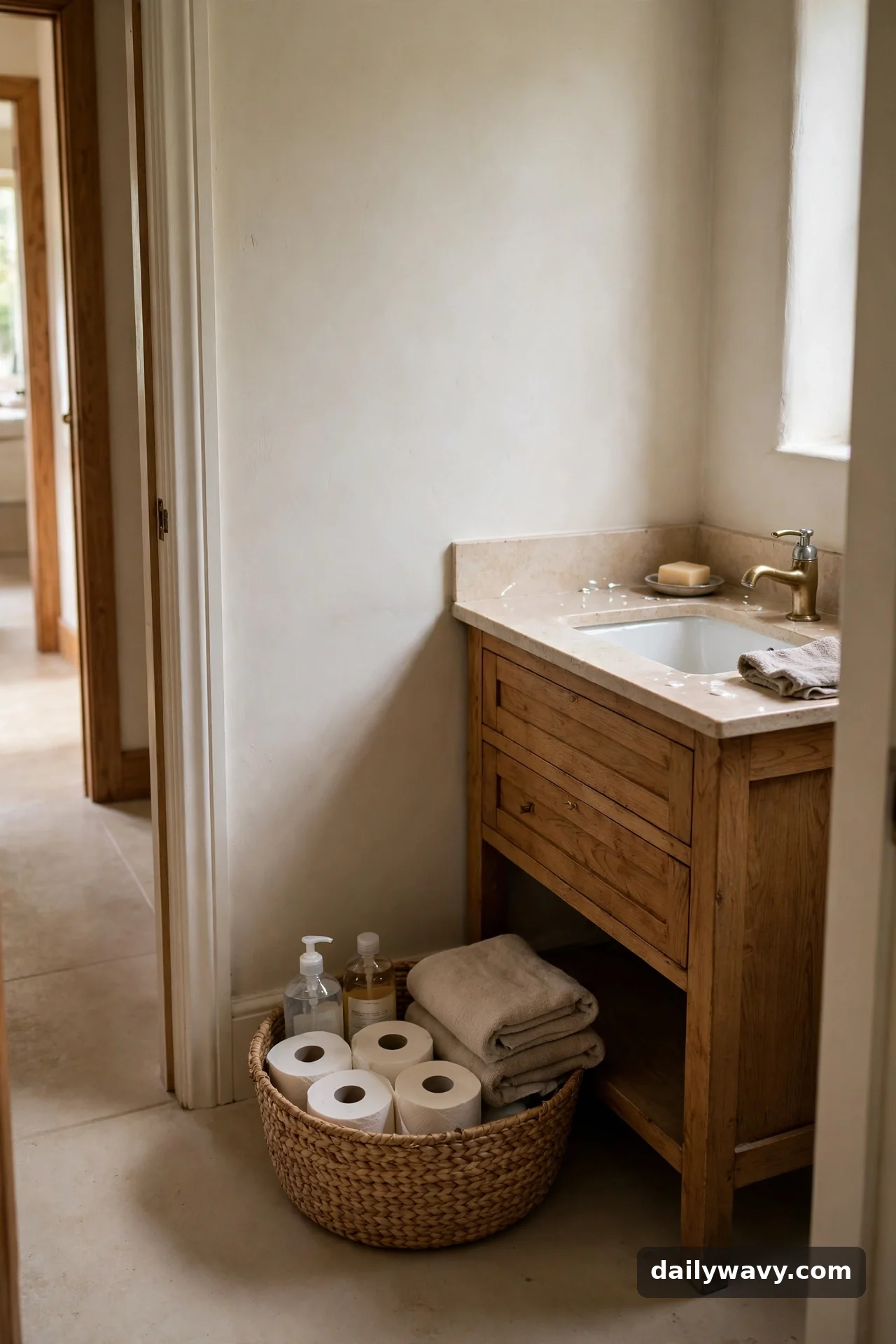 A Low Basket For Backup Supplies in small bathroom storage