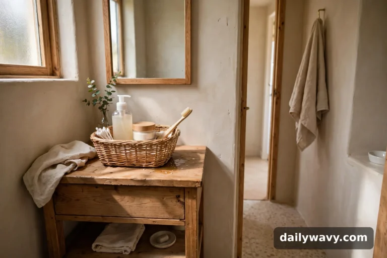 Small bathroom with a narrow basket grouping daily toiletries on the vanity in a complete styled scene