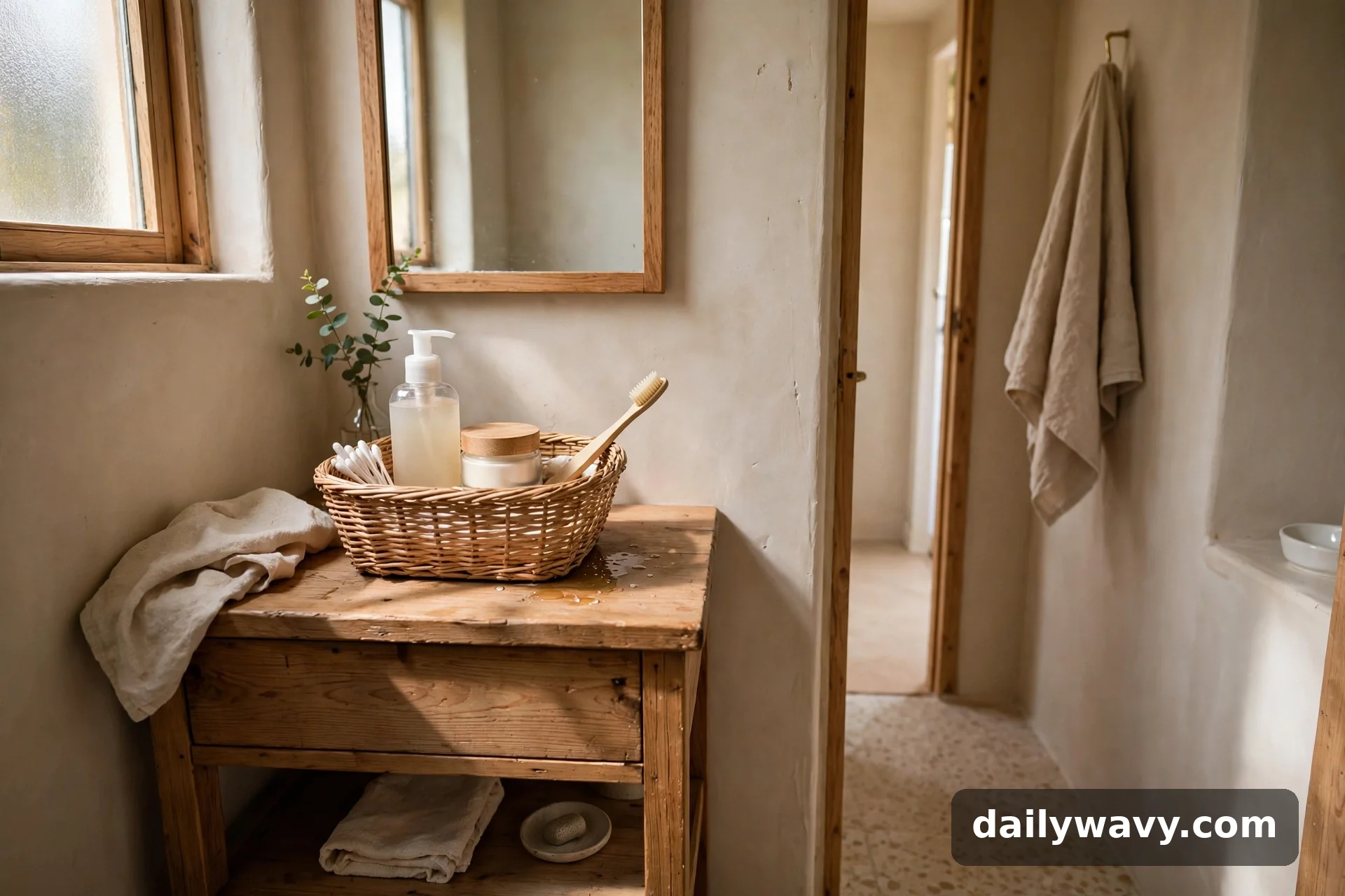Small bathroom with a narrow basket grouping daily toiletries on the vanity in a complete styled scene