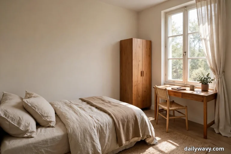 A wide view shows a small bedroom where a bed dressed in cream linen bedding stands left of a tall two-door wooden wardrobe, and a wooden desk with a cane chair sits beneath a tall window with a tied-back sheer curtain