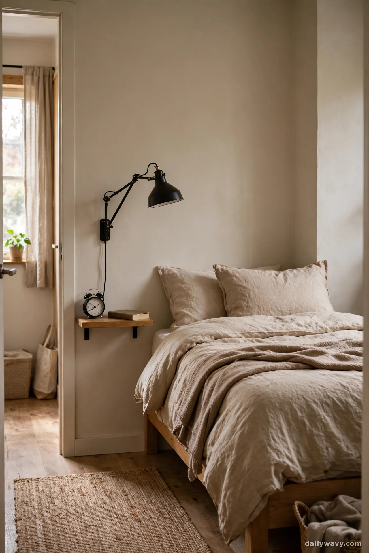 Swing-arm wall light replacing a table lamp beside a bed in a small bedroom