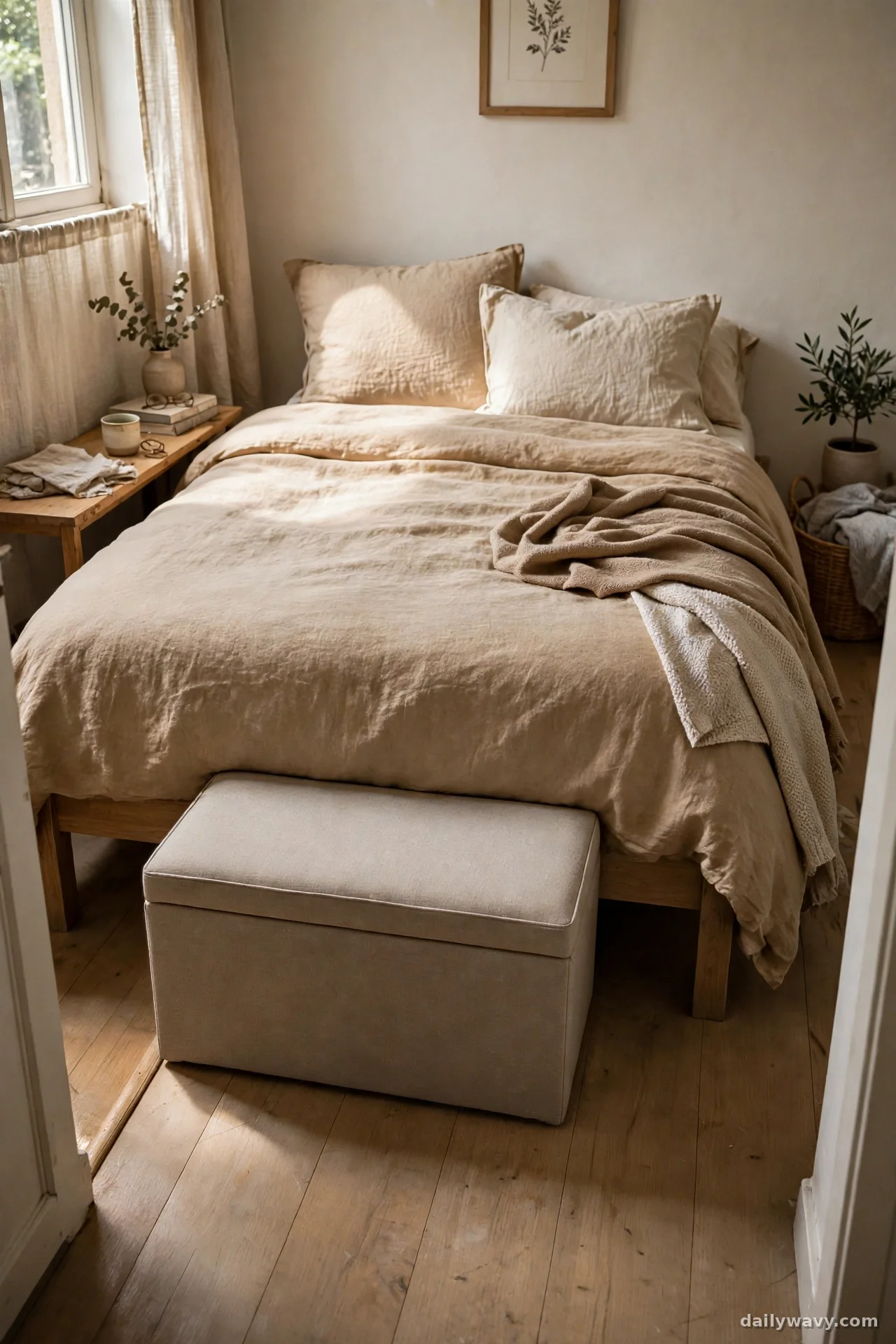 Upholstered storage bench at the foot of a queen bed in a small bedroom