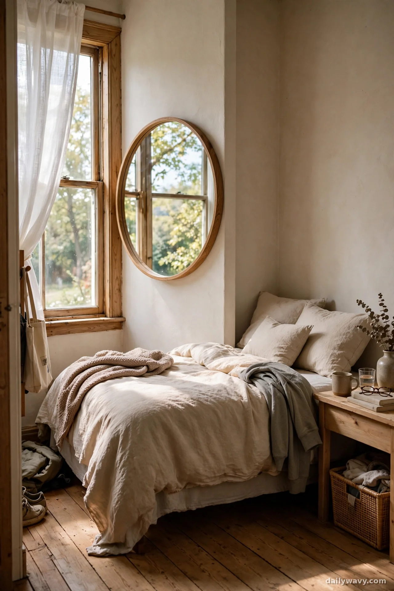 Round wooden-framed mirror on an unused wall beside a bedroom window
