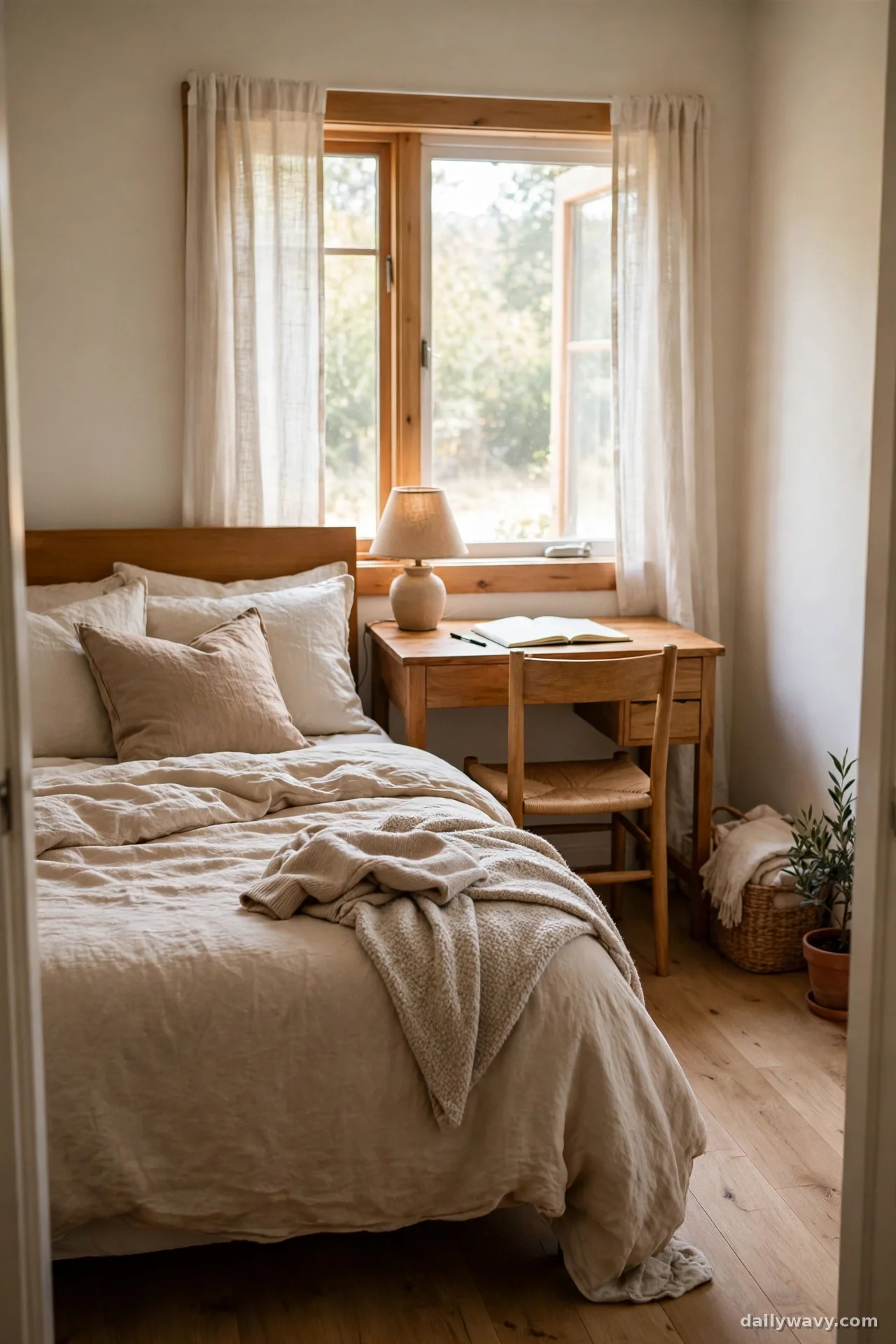 Compact wooden desk with a tuck-in chair under a bedroom window