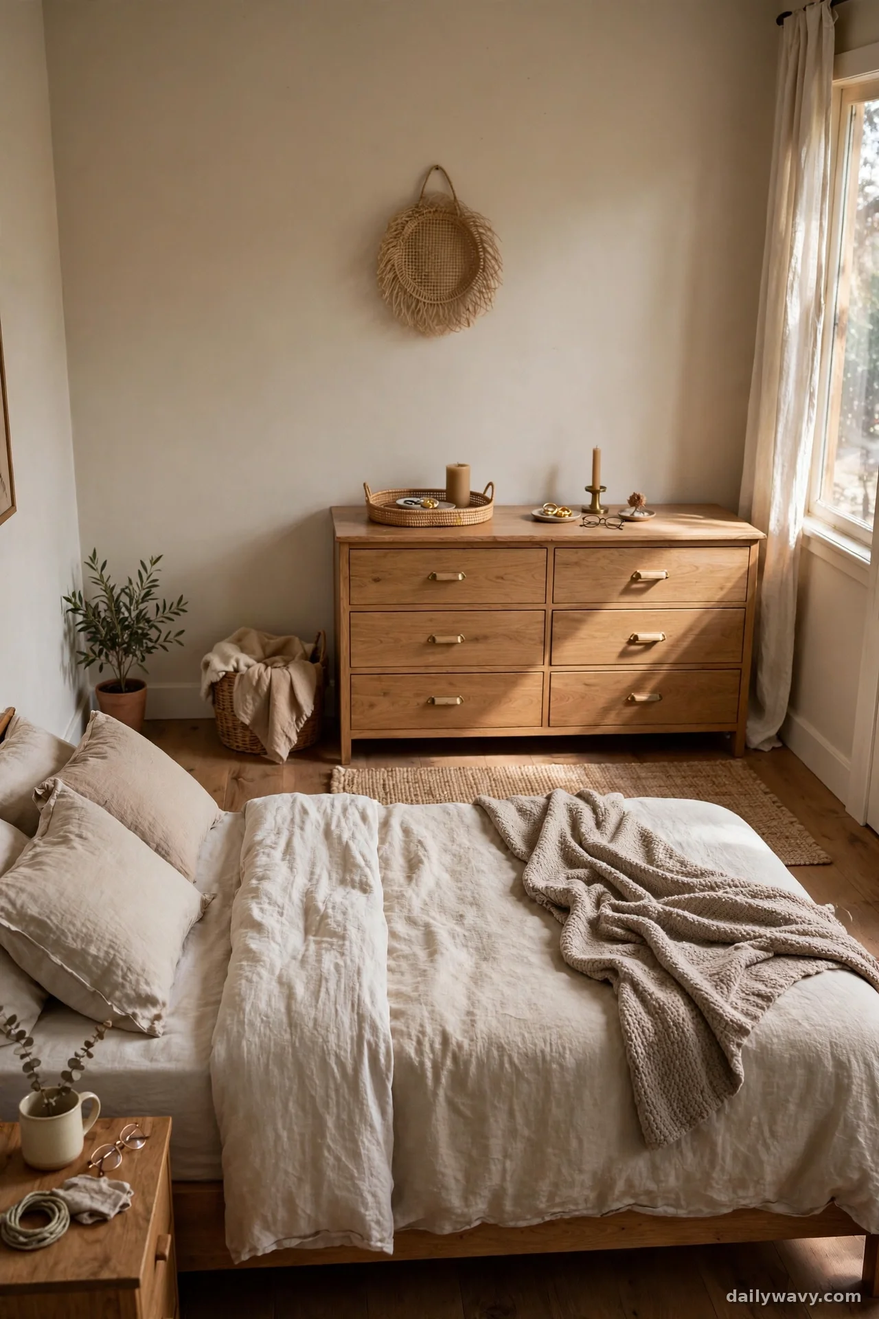 Shallow wooden dresser placed opposite a queen bed in a small bedroom