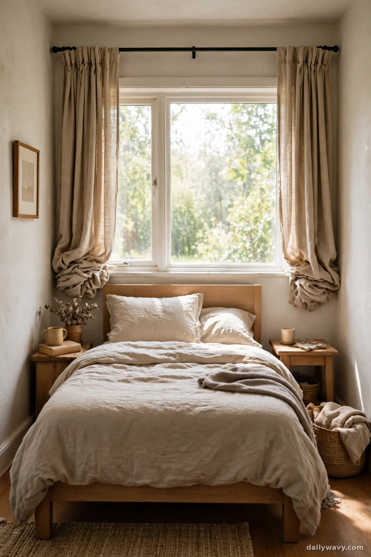 Bedroom window with curtains on an extended rod keeping the glass clear