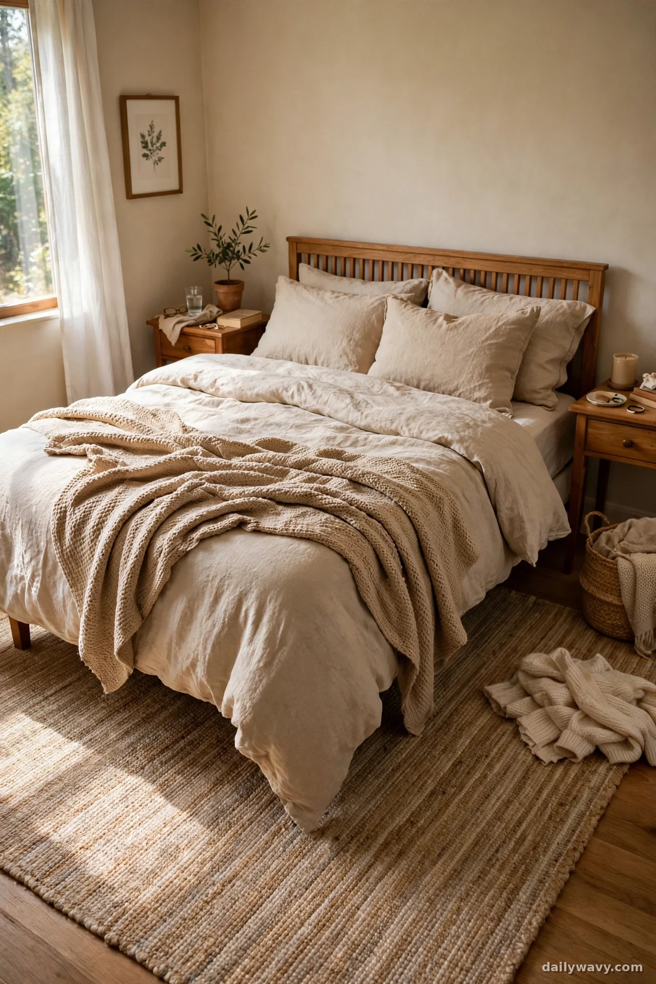 Woven rug defining the sleeping zone under a queen bed