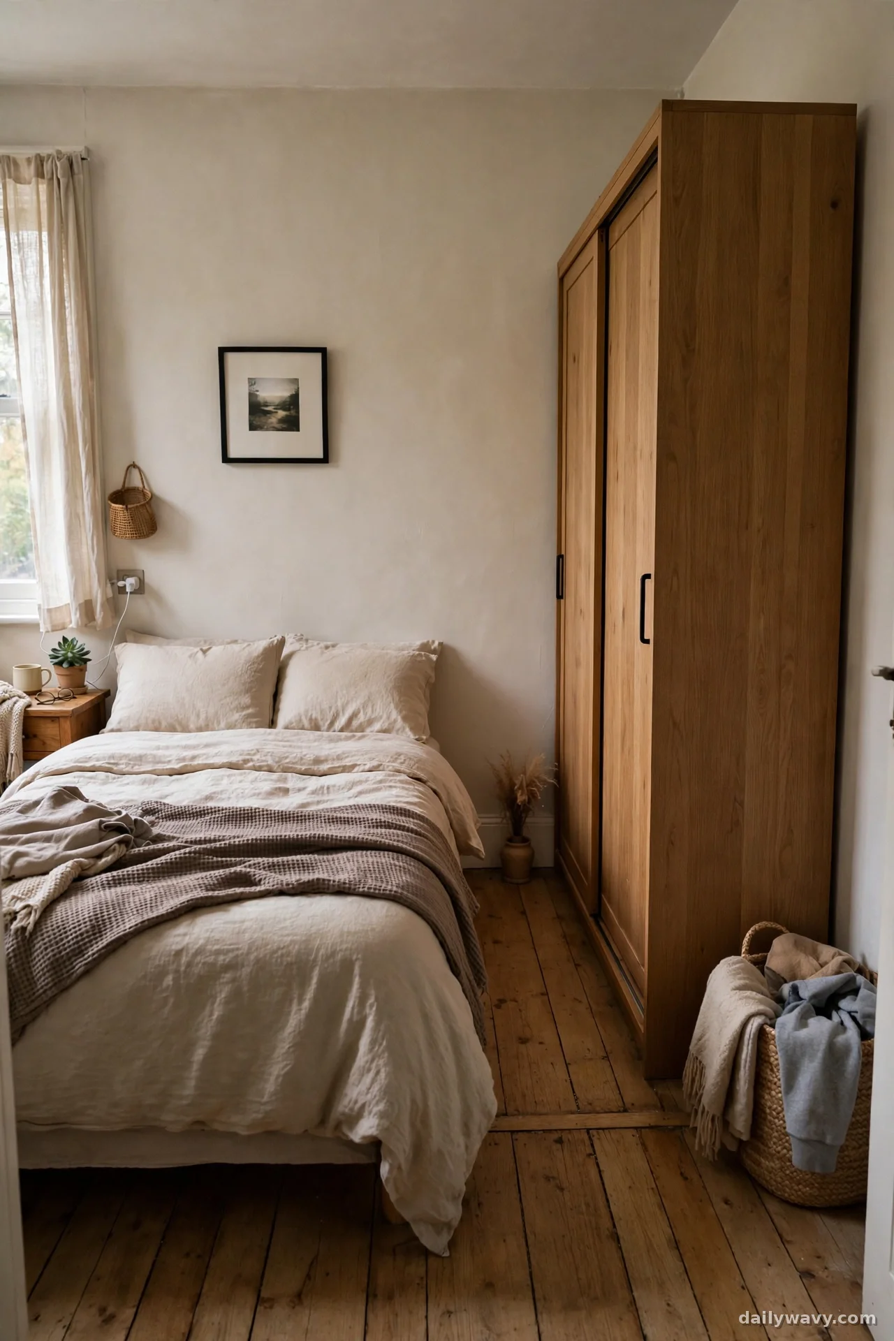 Slim freestanding wooden wardrobe on an uninterrupted bedroom wall