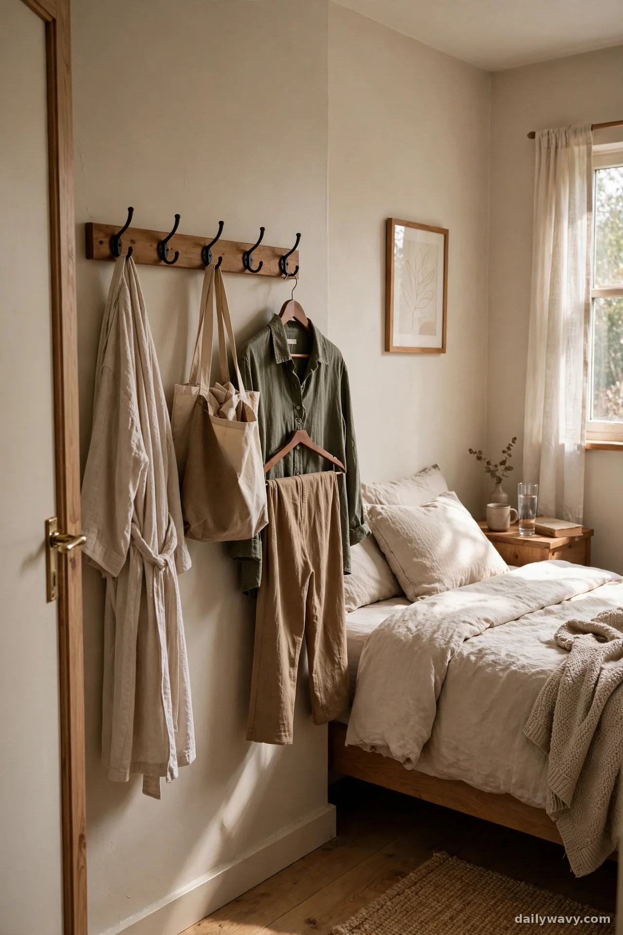 Wooden wall hook rail with coats and bags near a bedroom door