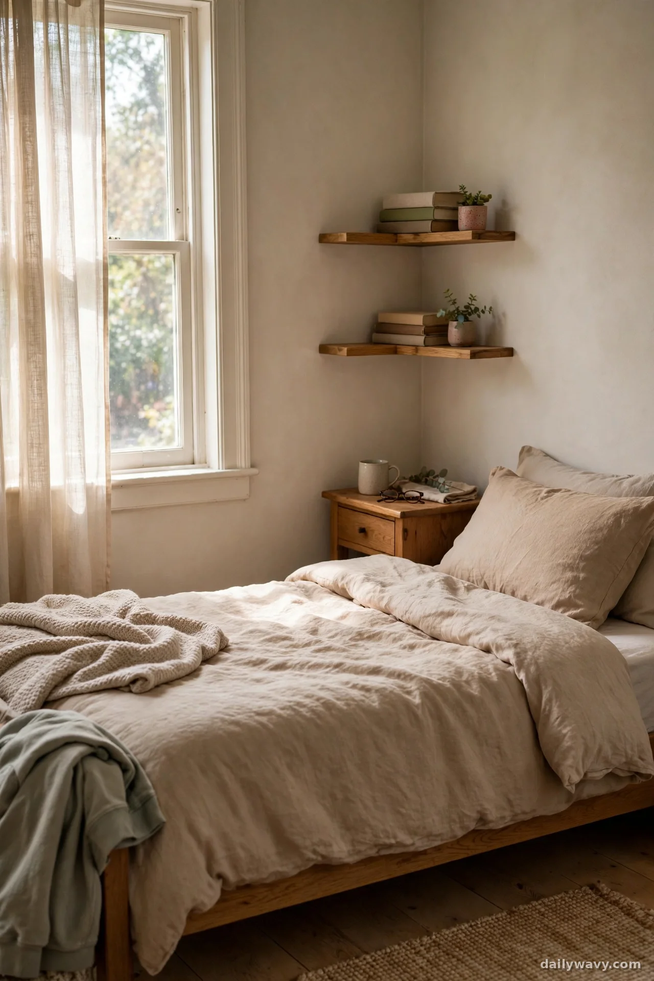 Corner floating shelves with books beside a bed in a small bedroom