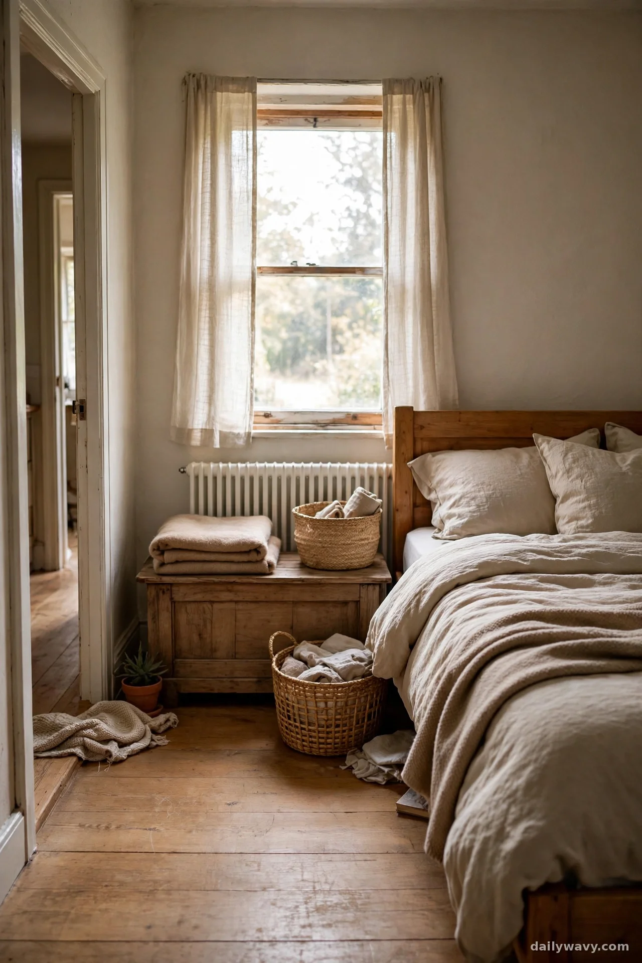Low wooden storage unit below a bedroom window in a small bedroom