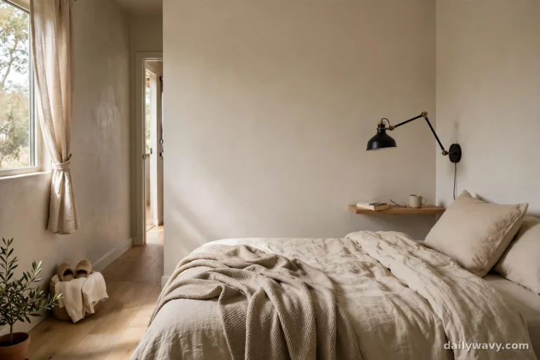 Small bedroom with a queen bed shown in a complete styled scene with a wall-mounted swing-arm light and floating nightstand shelf.