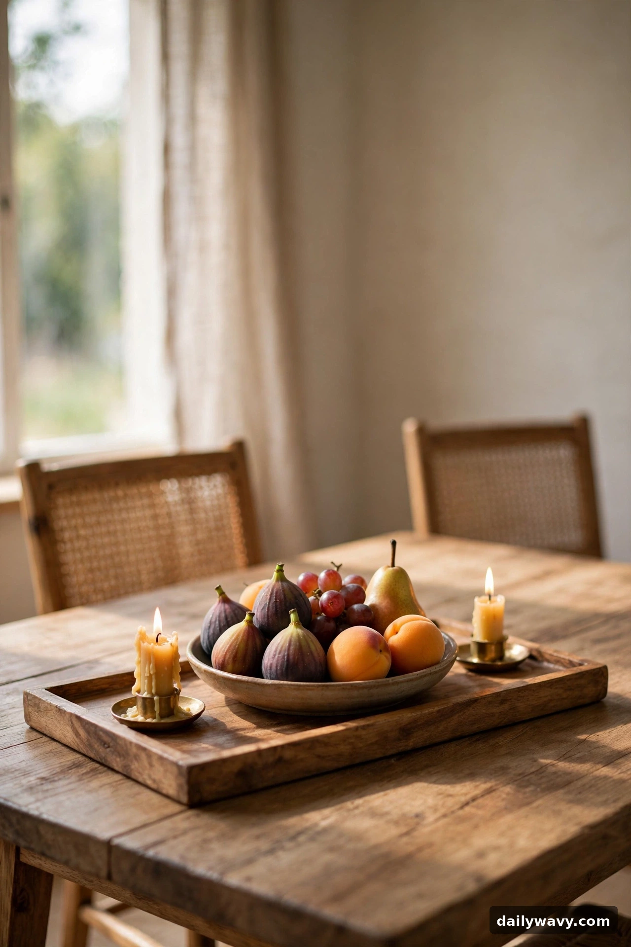 Low wooden tray centerpiece with fruit and candles on a small dining table