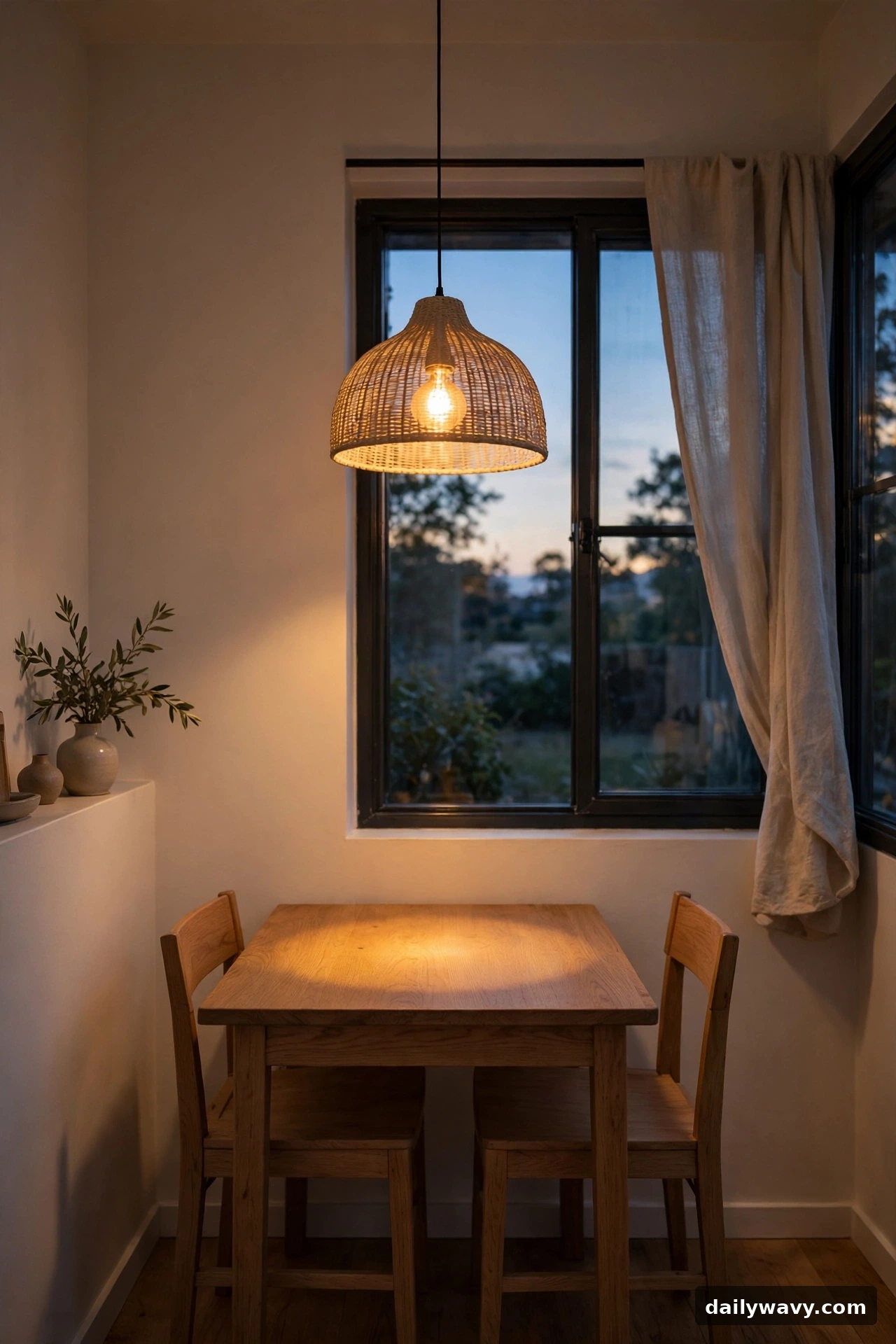 Simple pendant light centered over a small dining table