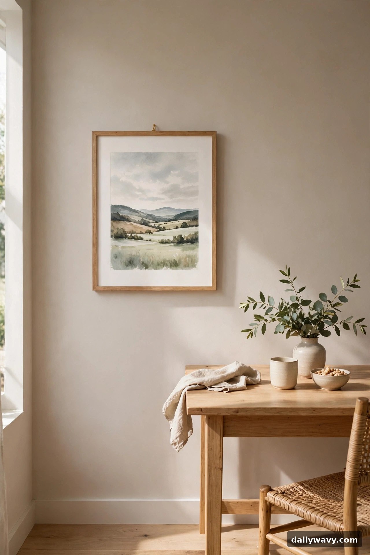 Framed artwork hung at eye level beside a small dining table