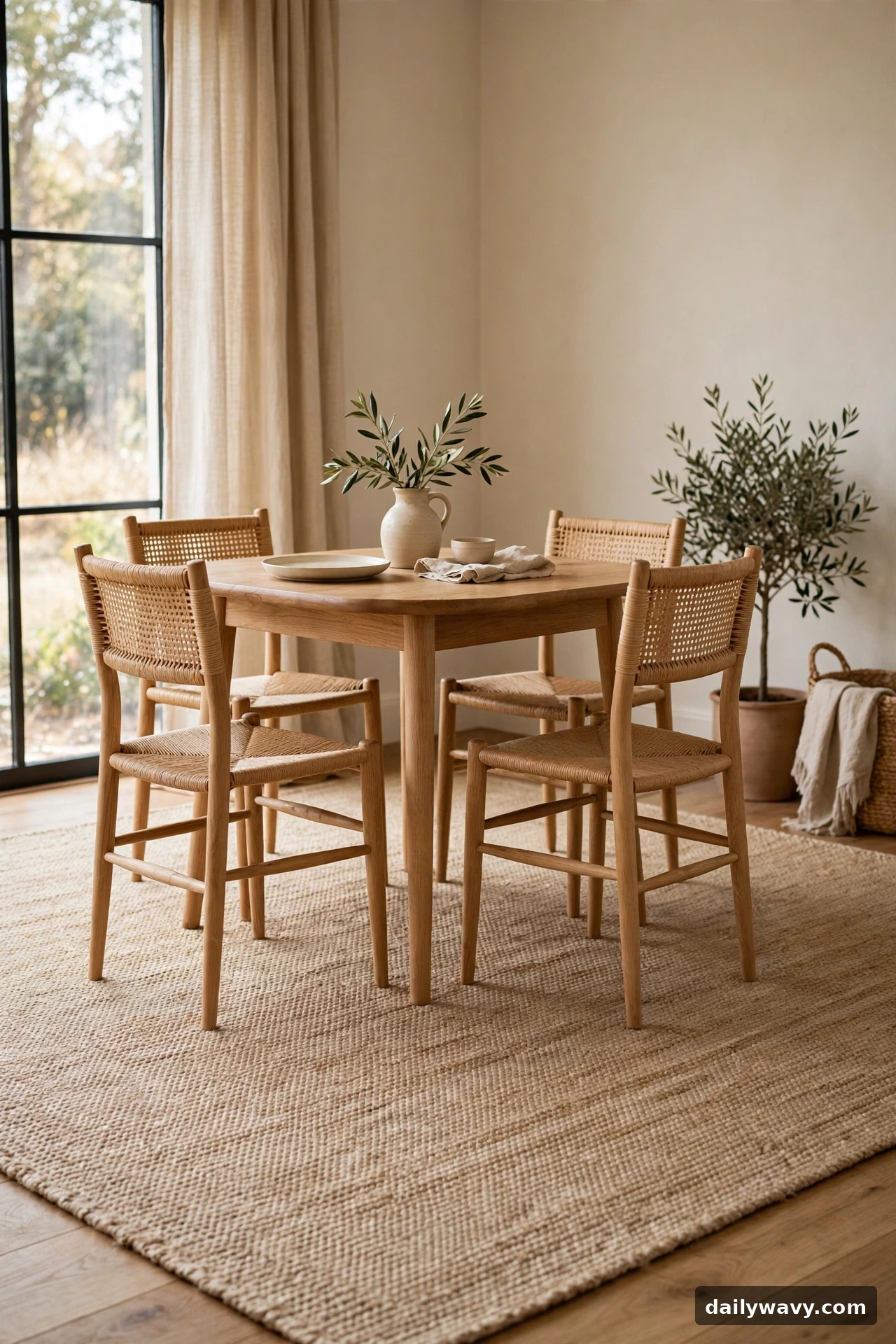 Washable low-pile rug extending beyond a small dining table with chairs