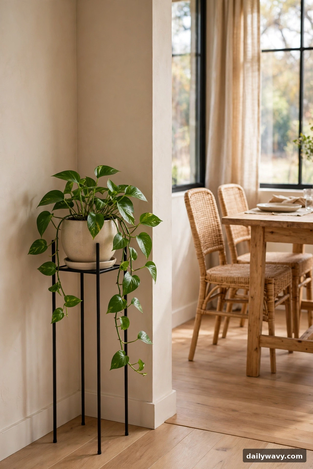 Small potted plant on a stand in the corner of a dining room