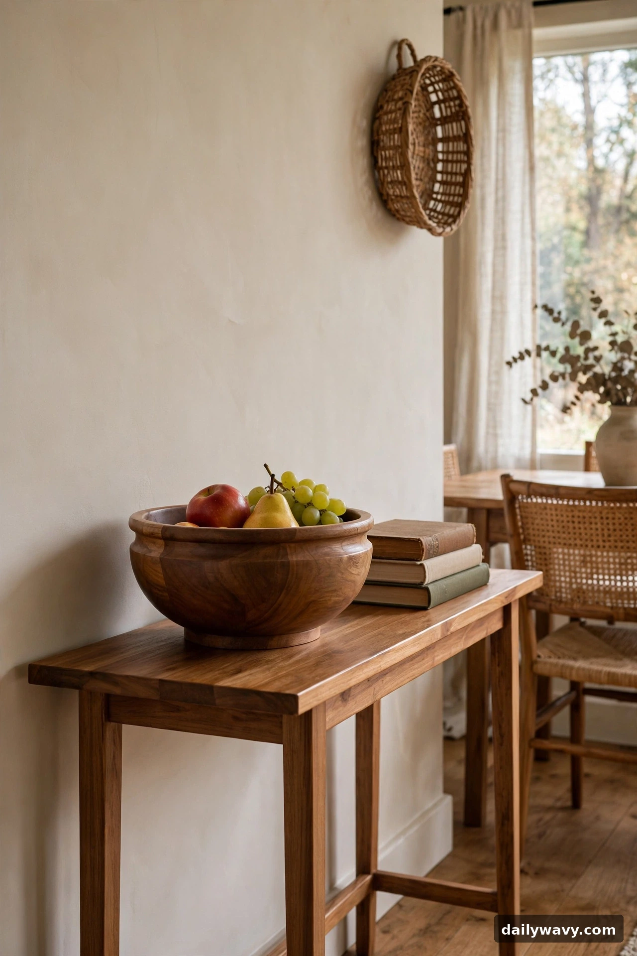 Wooden bowl with fruit on a narrow dining room console