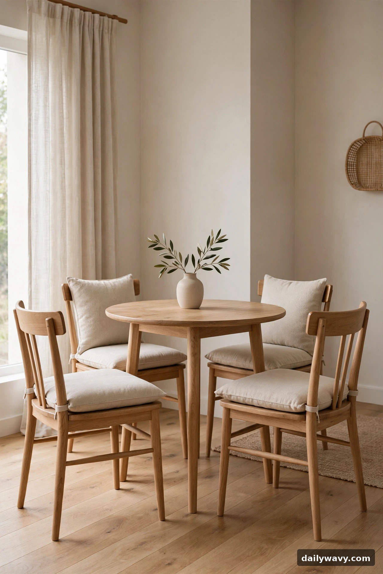 Dining chairs with matching neutral washable cushions