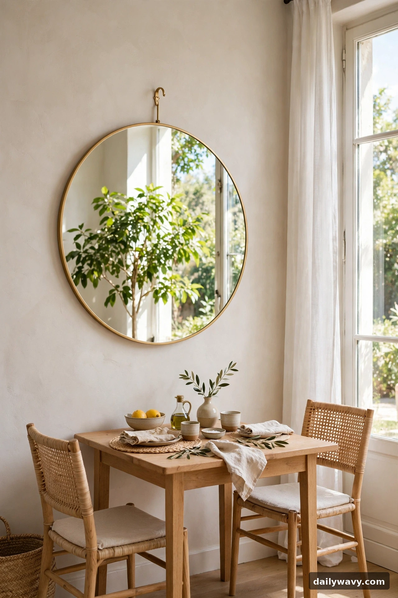 Round mirror reflecting window light in a small dining room