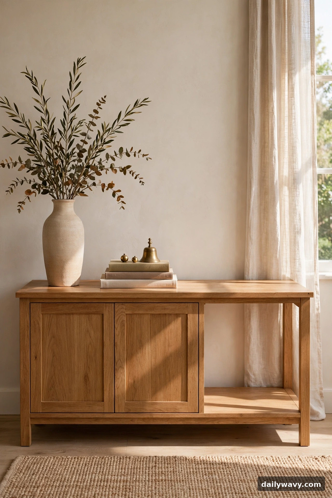Asymmetrical styling with vase and books on a dining room sideboard
