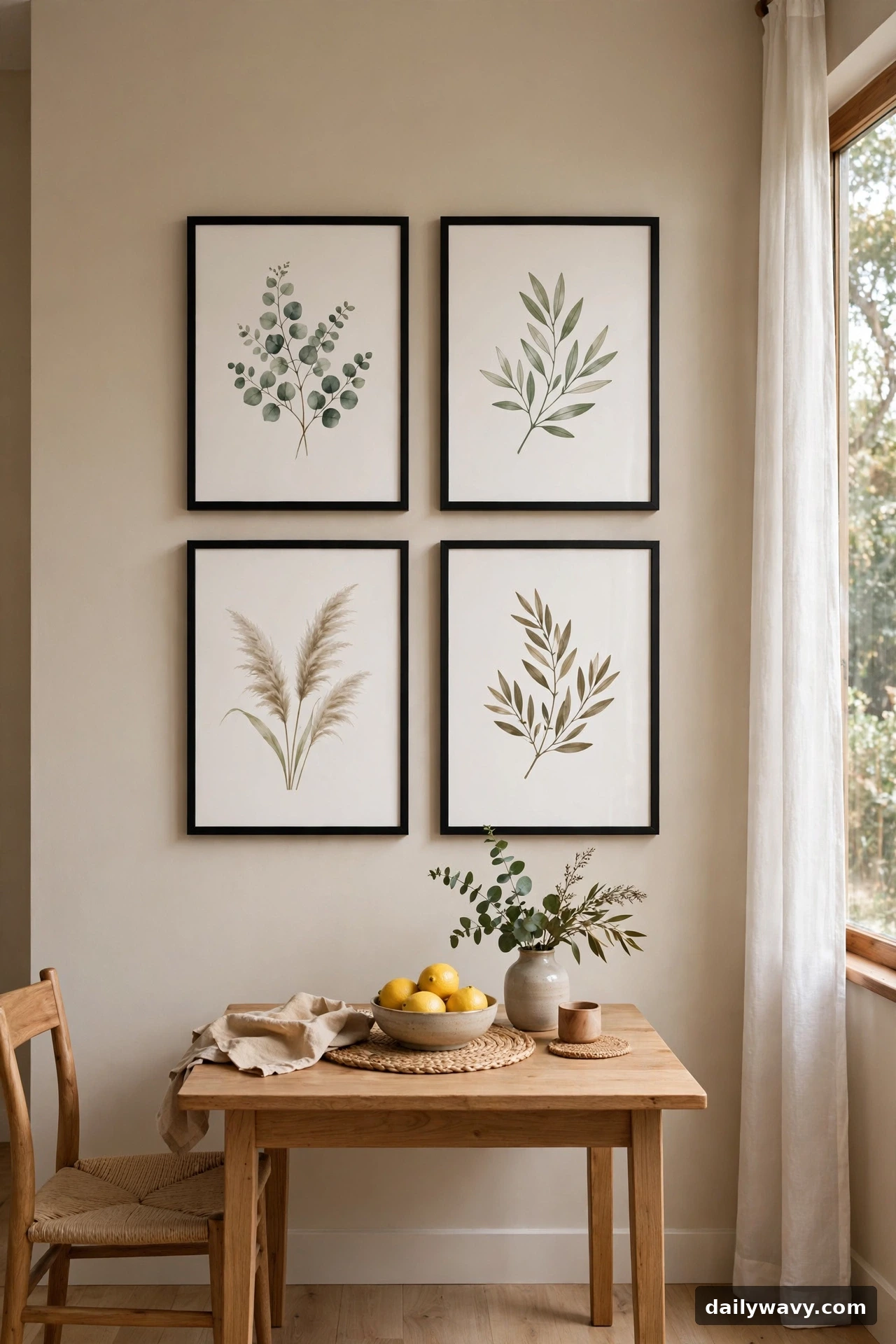 Small gallery wall of framed prints above a dining table