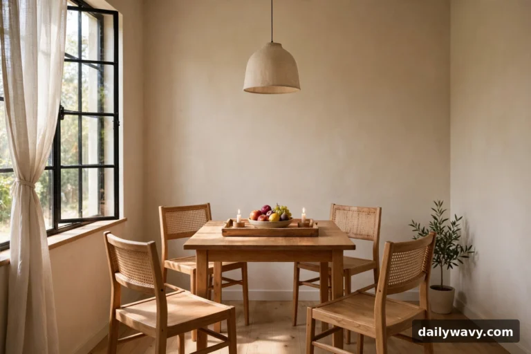 Small dining room with a low centerpiece, pendant light and clear sightlines across the table
