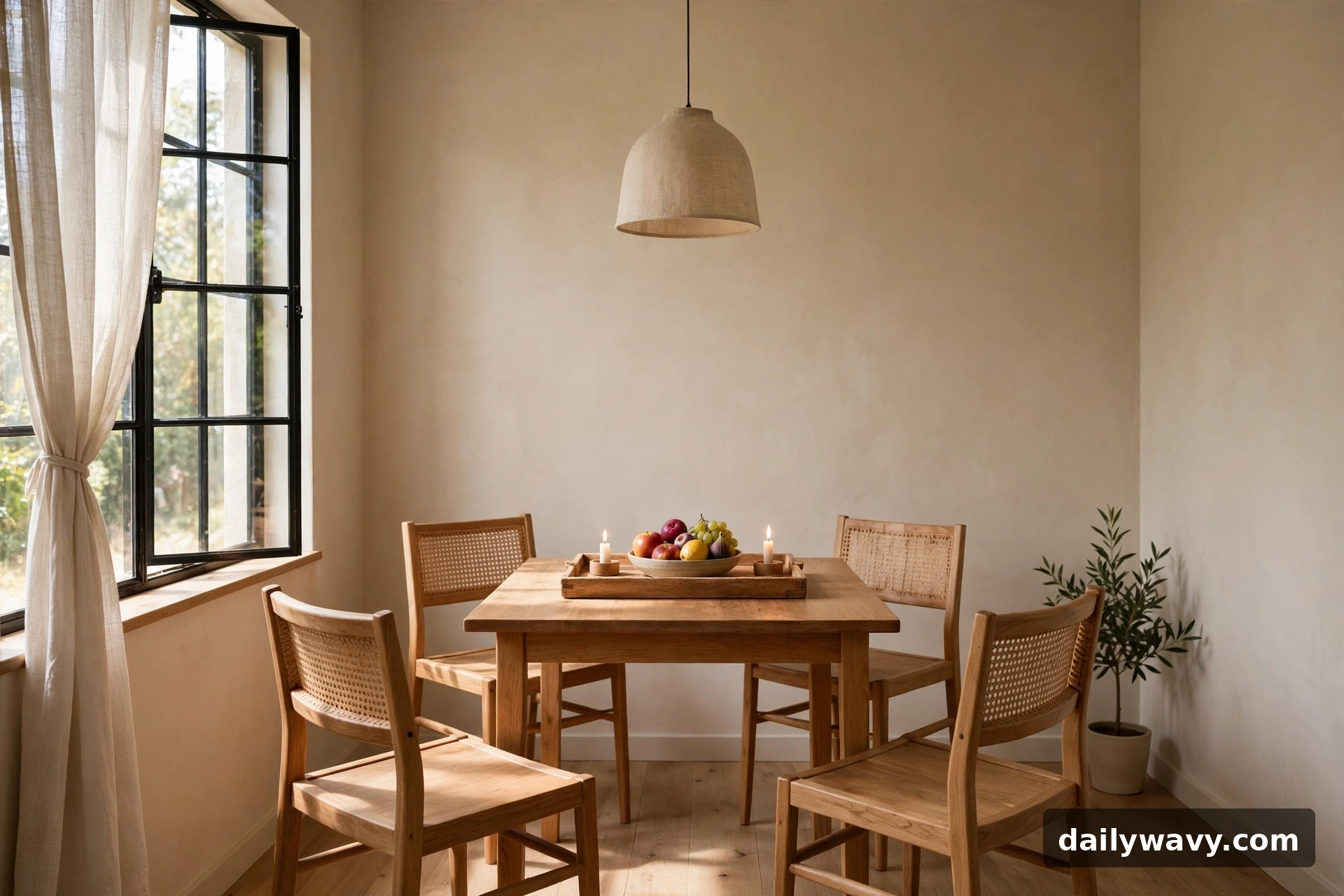 Small dining room with a low centerpiece, pendant light and clear sightlines across the table
