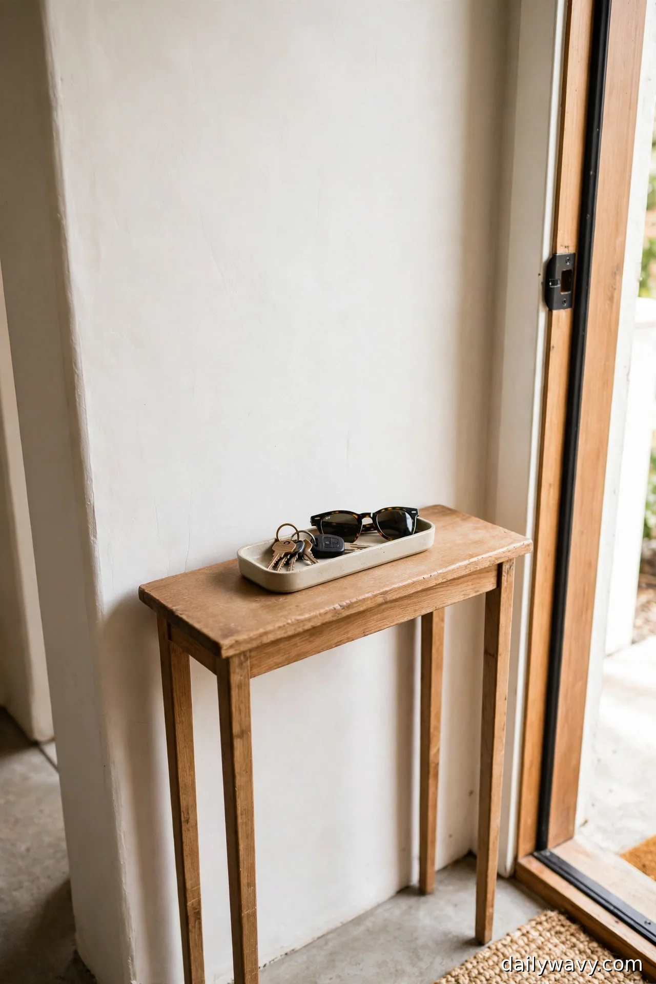 Narrow ceramic tray holding keys and sunglasses on a small wooden table beside the front door