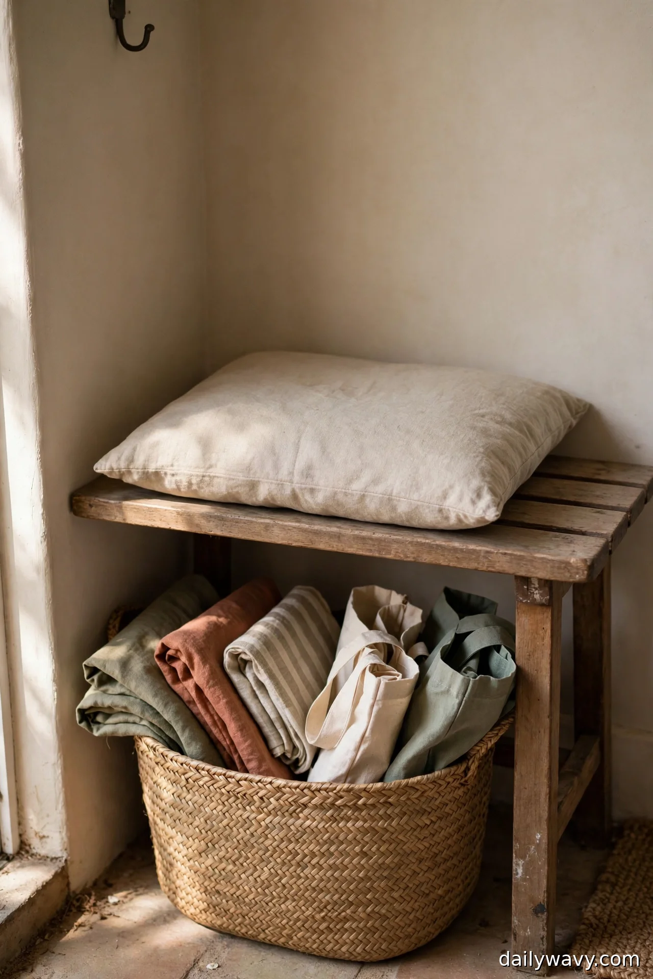 Woven seagrass basket tucked beneath a wooden entryway bench with a linen cushion