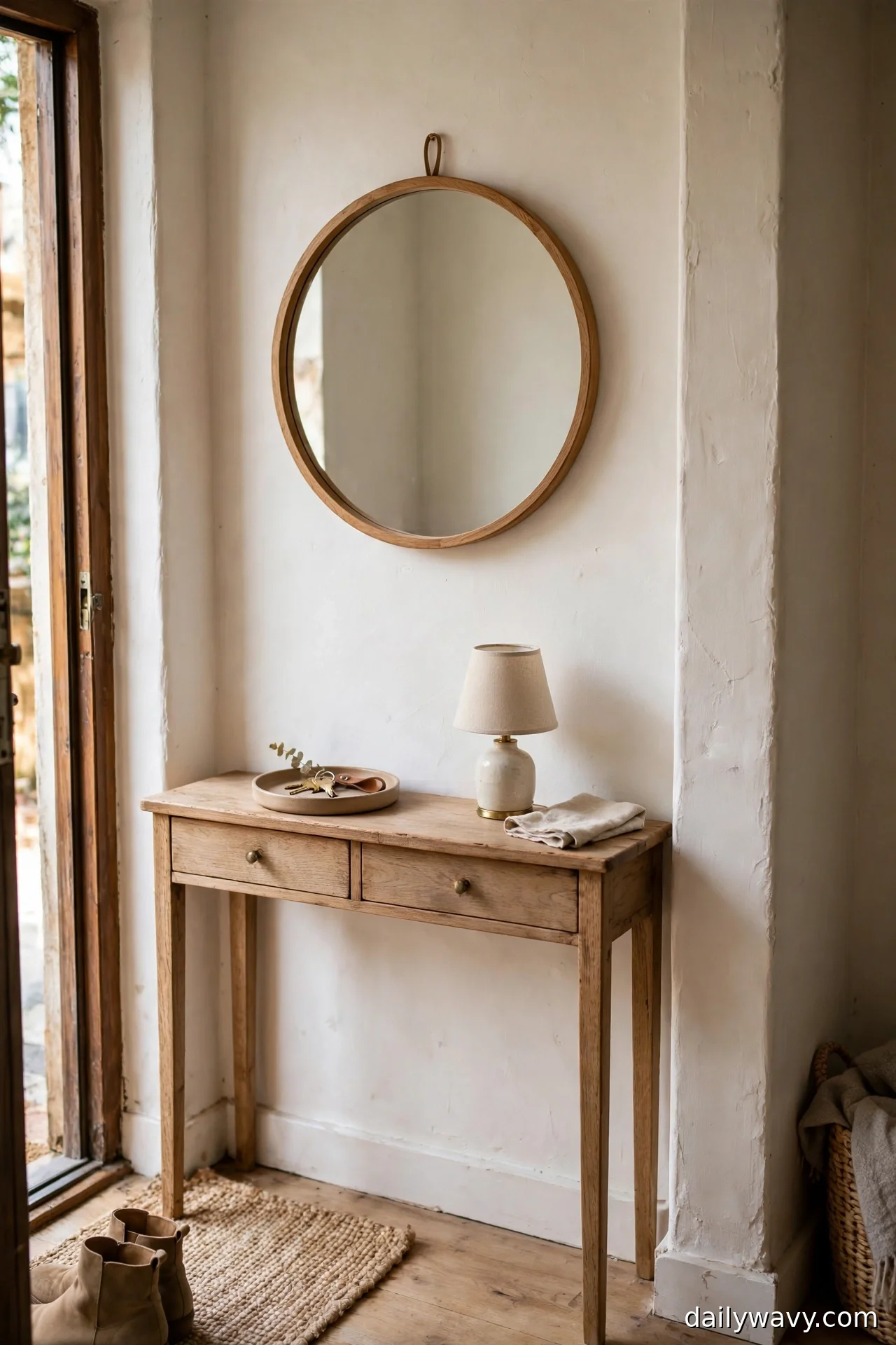 Round wooden-frame mirror centered over a shallow wooden console with a small lamp and key tray