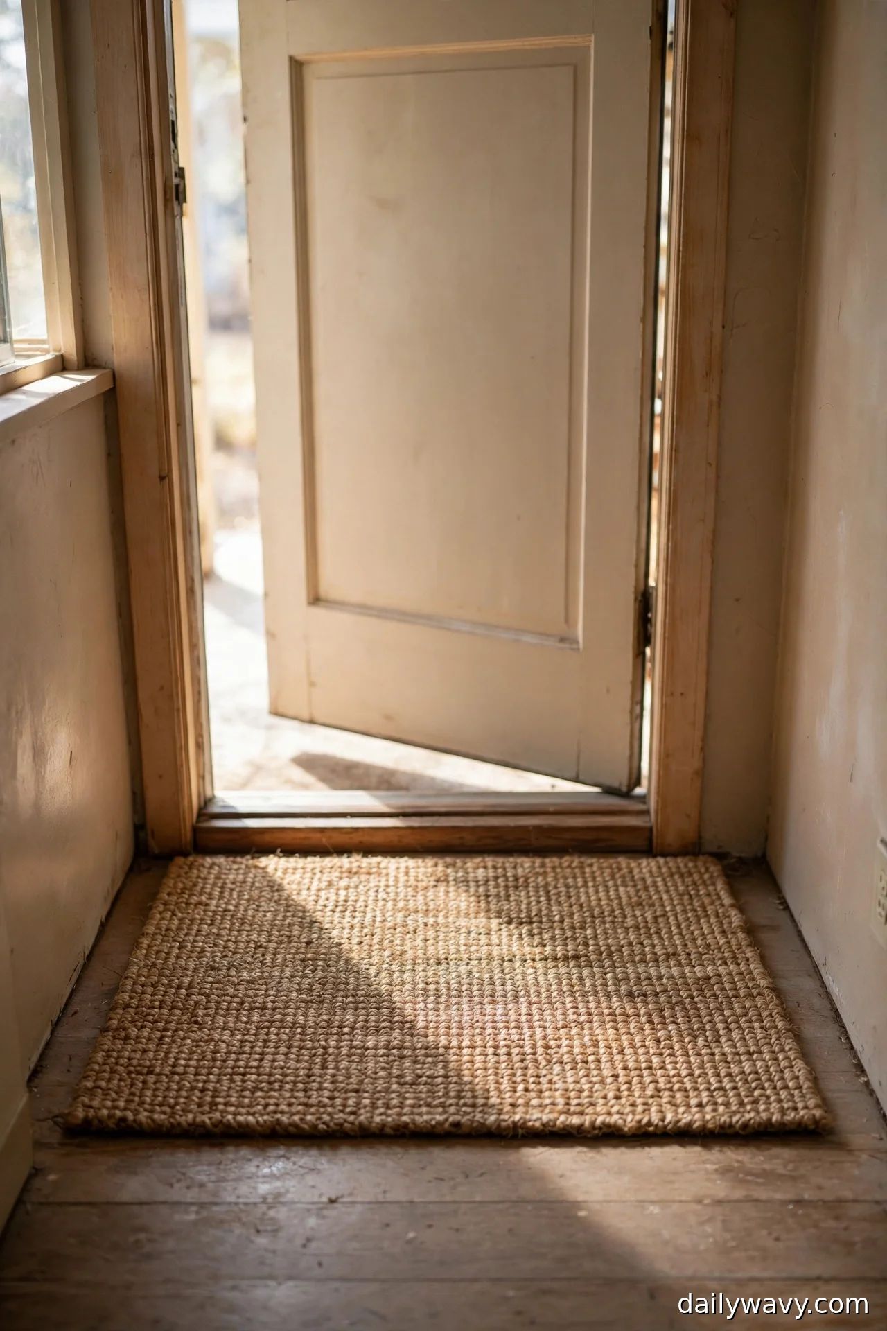 Woven jute door mat laid flat at an open front door threshold
