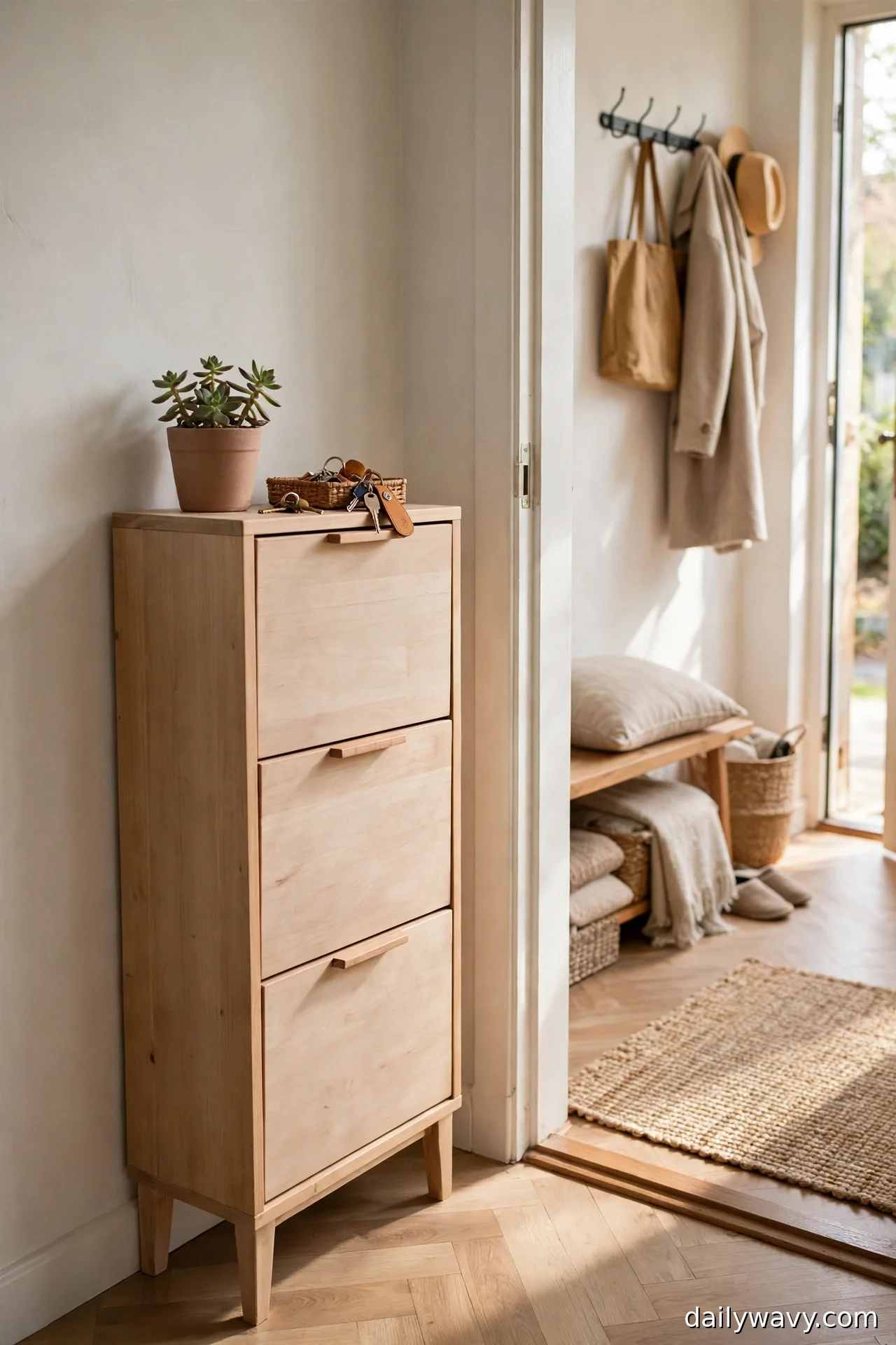 Slim closed wooden shoe cabinet with tilt-out drawers, plant and keys styled on top