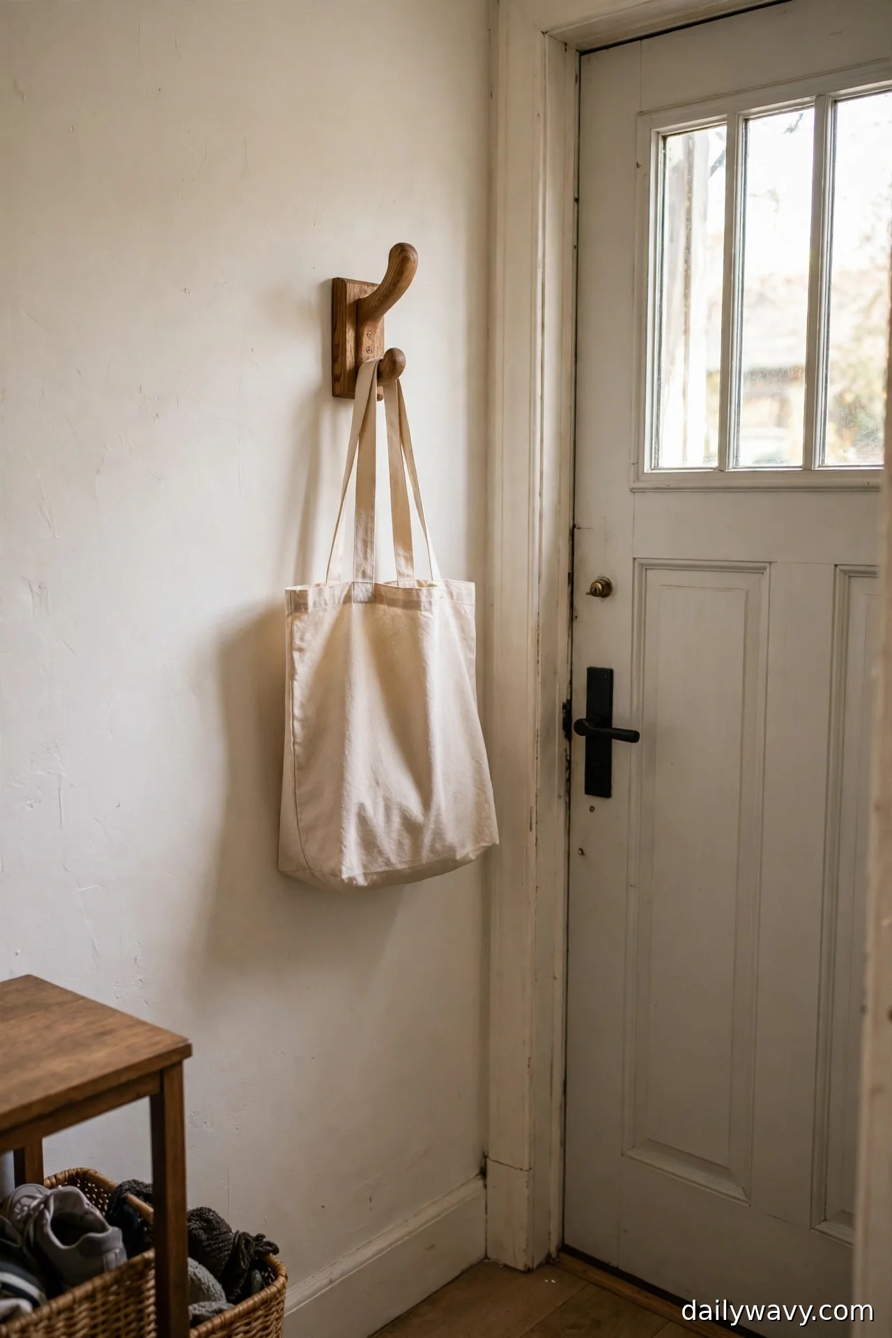 Single wooden wall hook holding a canvas tote bag beside a white front door
