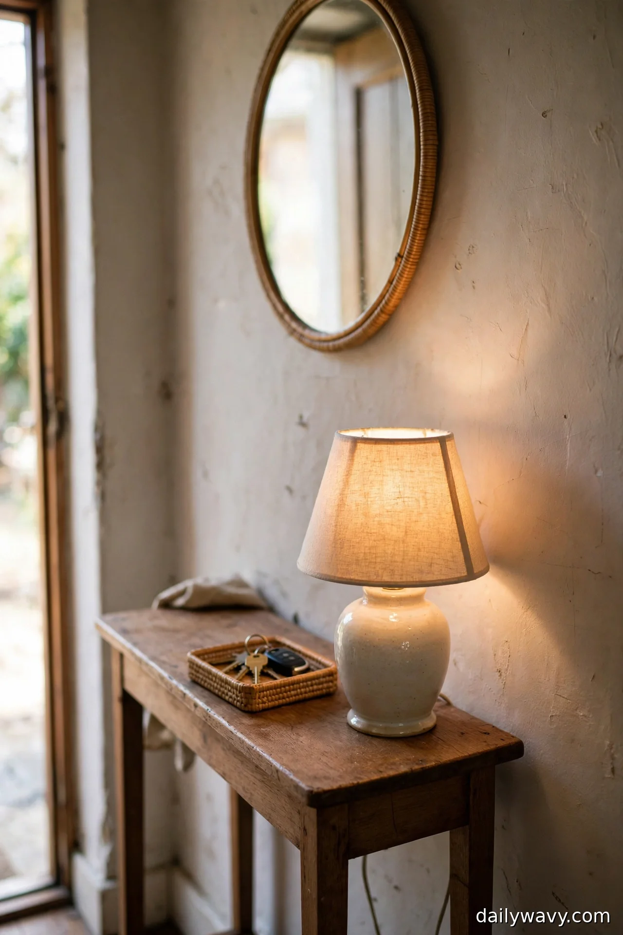 Small ceramic table lamp glowing on a wooden console under a round rattan mirror