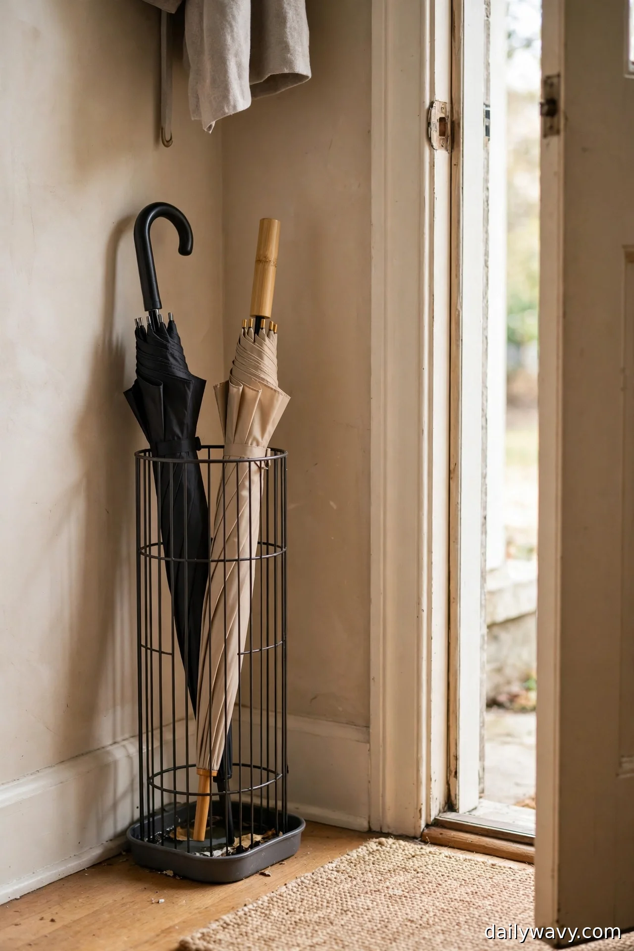 Slim wire umbrella holder with drip tray and two umbrellas beside the front door