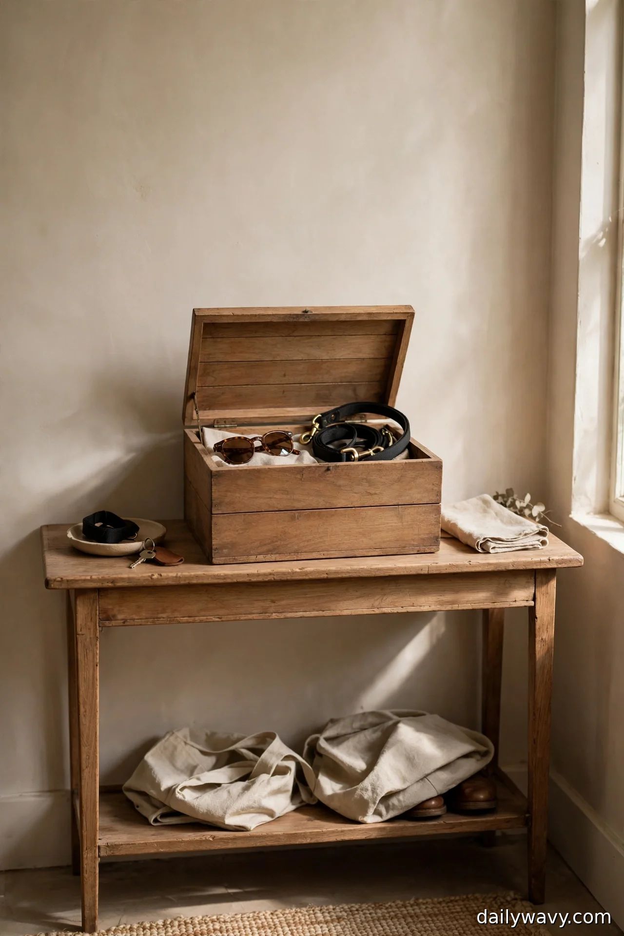 Open wooden lidded box with sunglasses and a dog leash on an entryway console