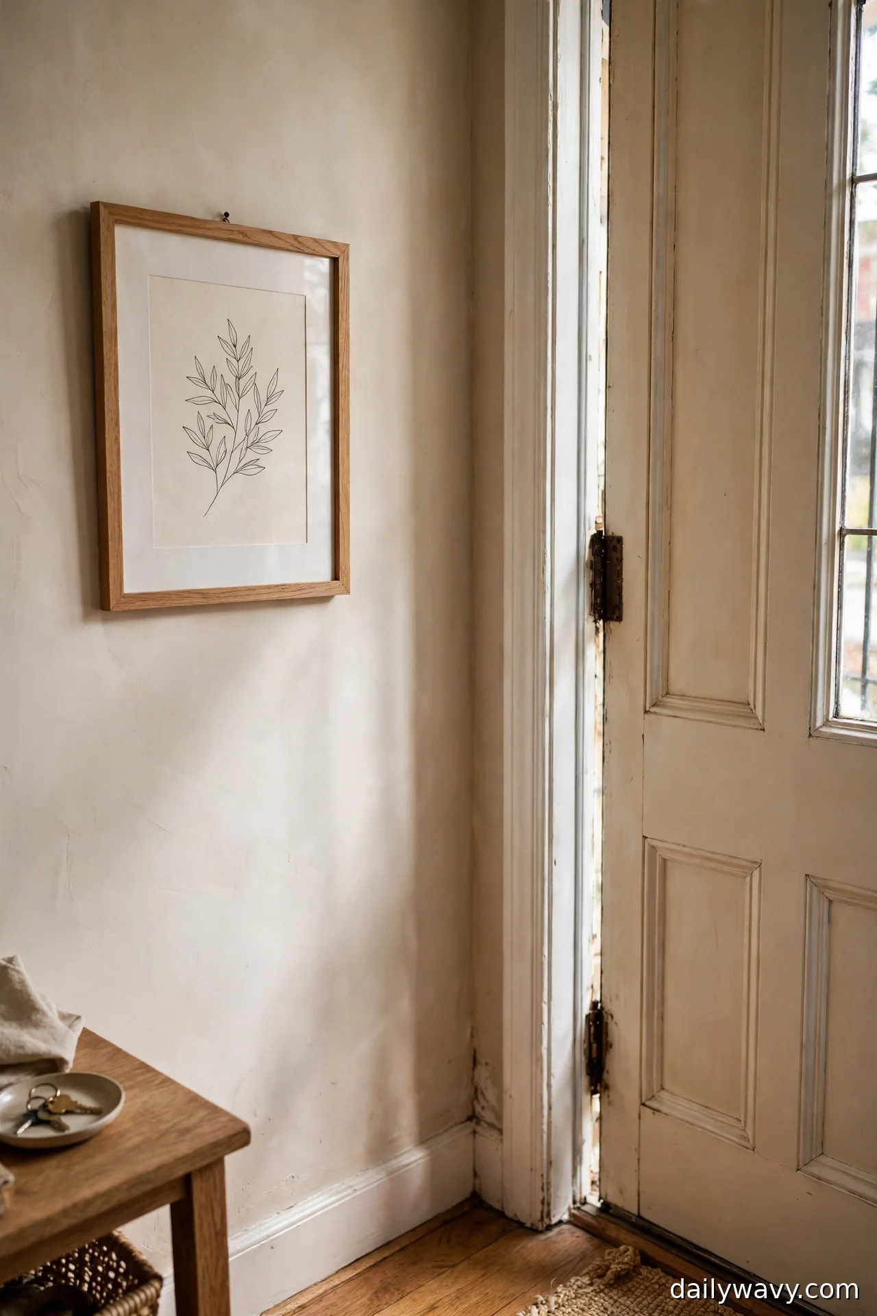 Framed botanical line-art print hanging on the wall beside a front door
