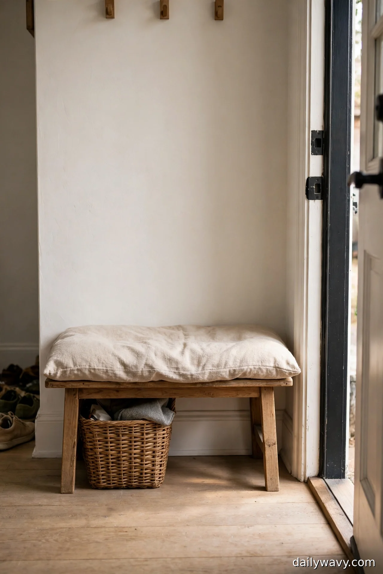 Washable linen seat cushion on a wooden entryway bench with a basket underneath