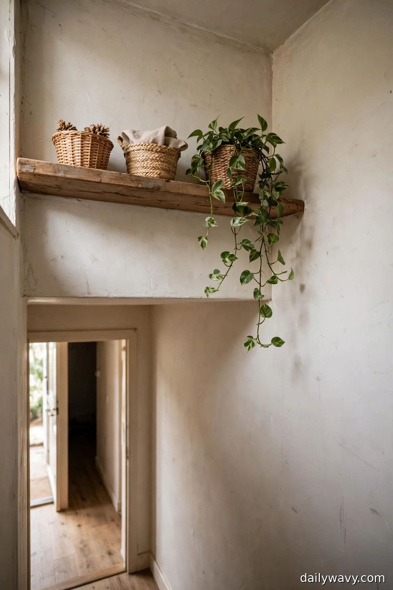 Narrow wooden shelf with woven baskets and a trailing plant mounted above a hallway