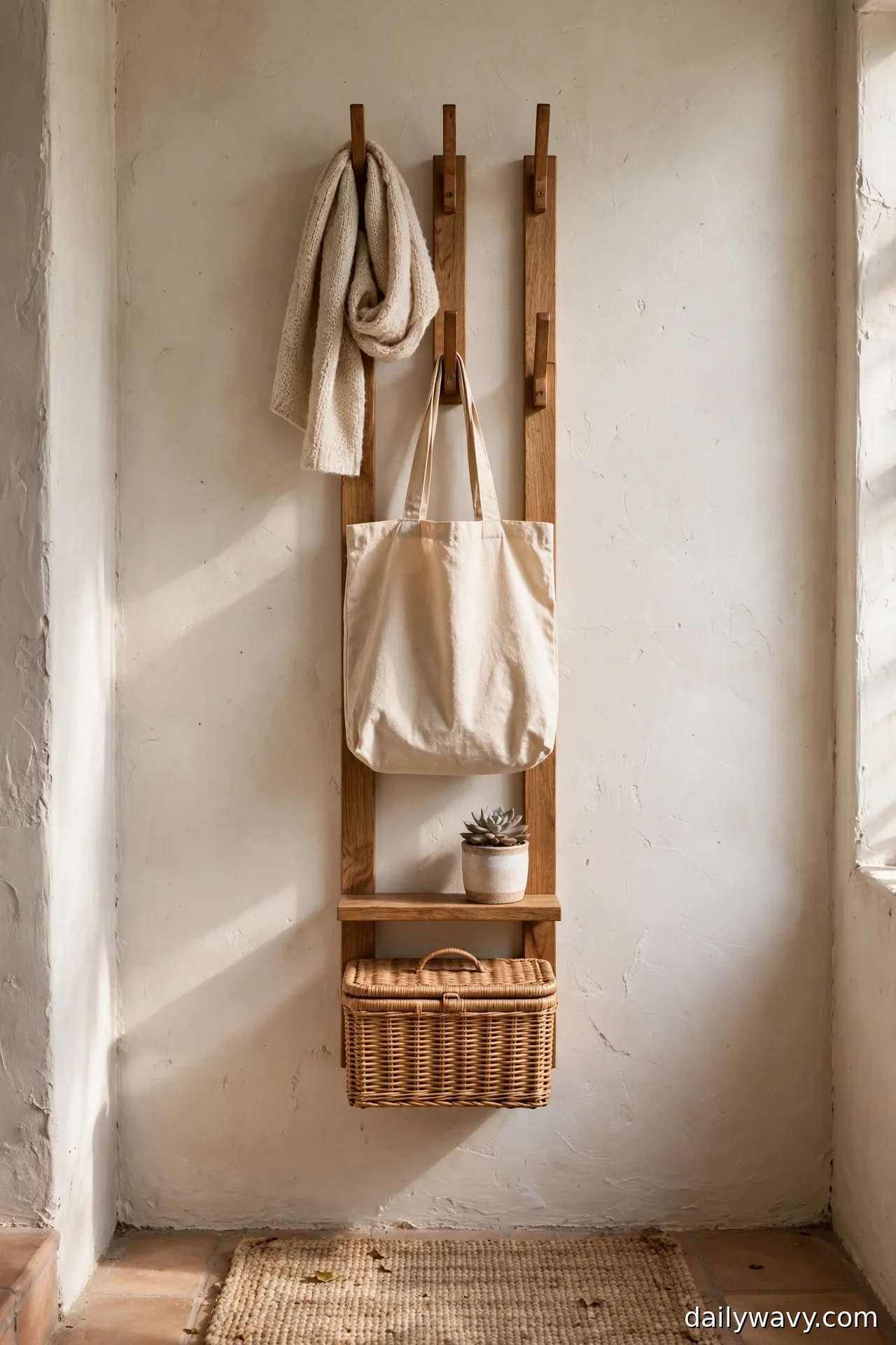 Vertical wooden storage rail with hooks, small shelf, hanging tote and lidded wicker basket