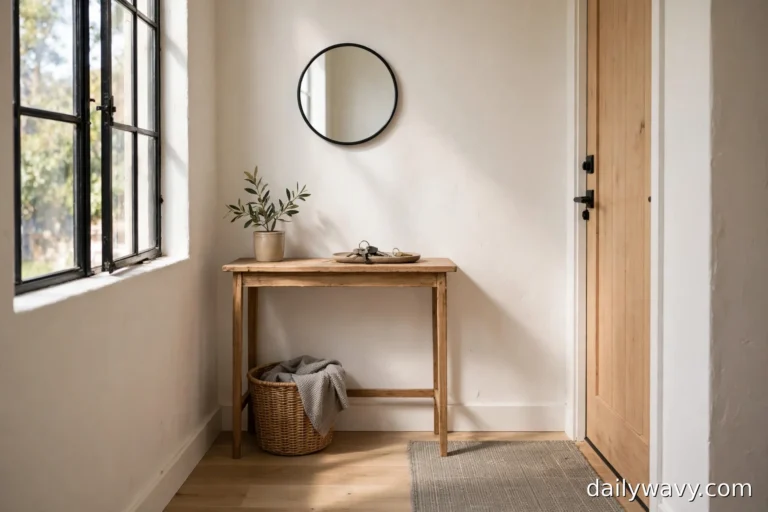 Small entryway styled with a round mirror, narrow key tray on a wooden console, woven basket and natural light