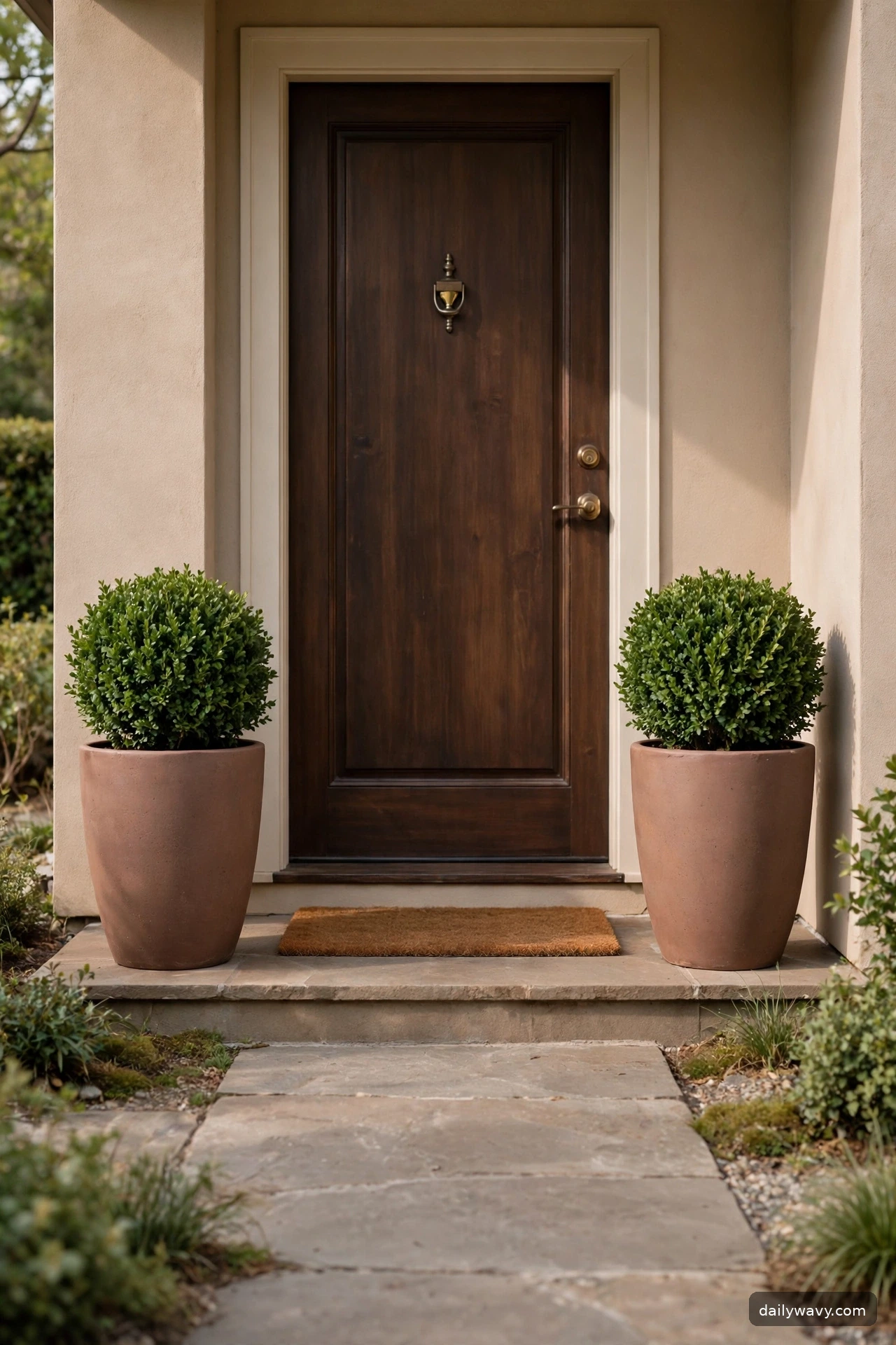 Pair of proportionate planters flanking a front door for small porch decor