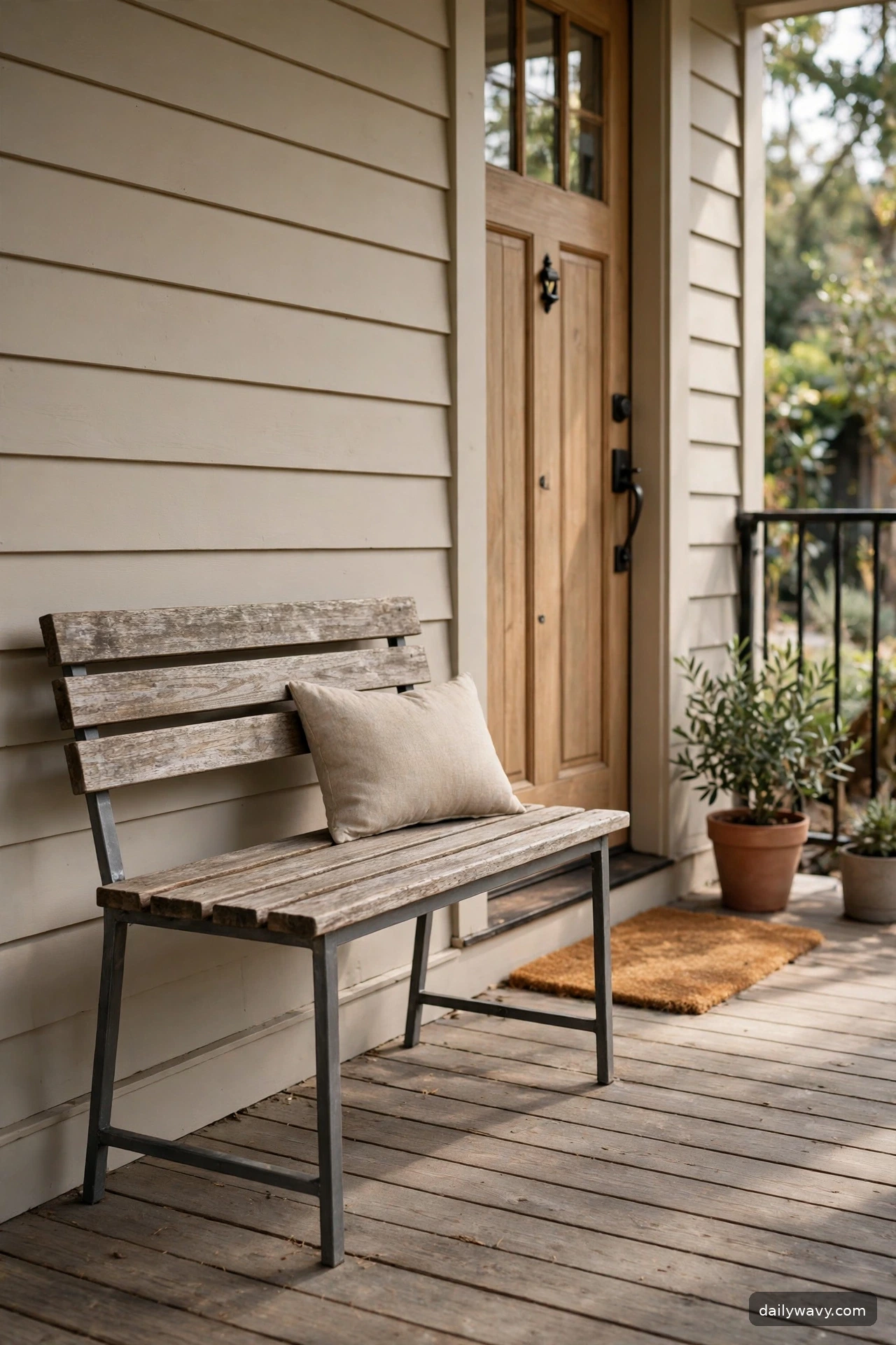 Single compact bench against a small front porch wall