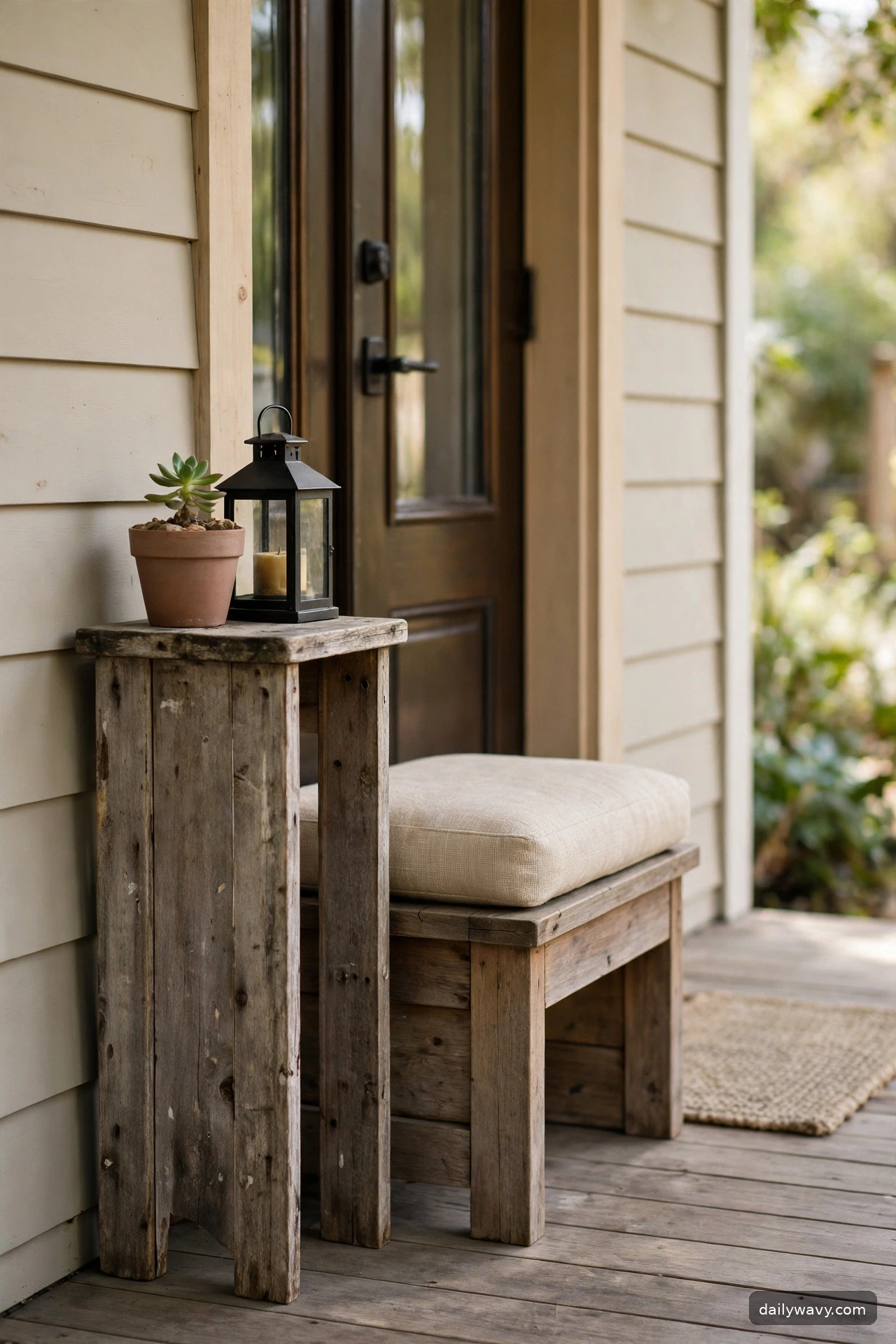 Narrow outdoor side table beside a porch bench