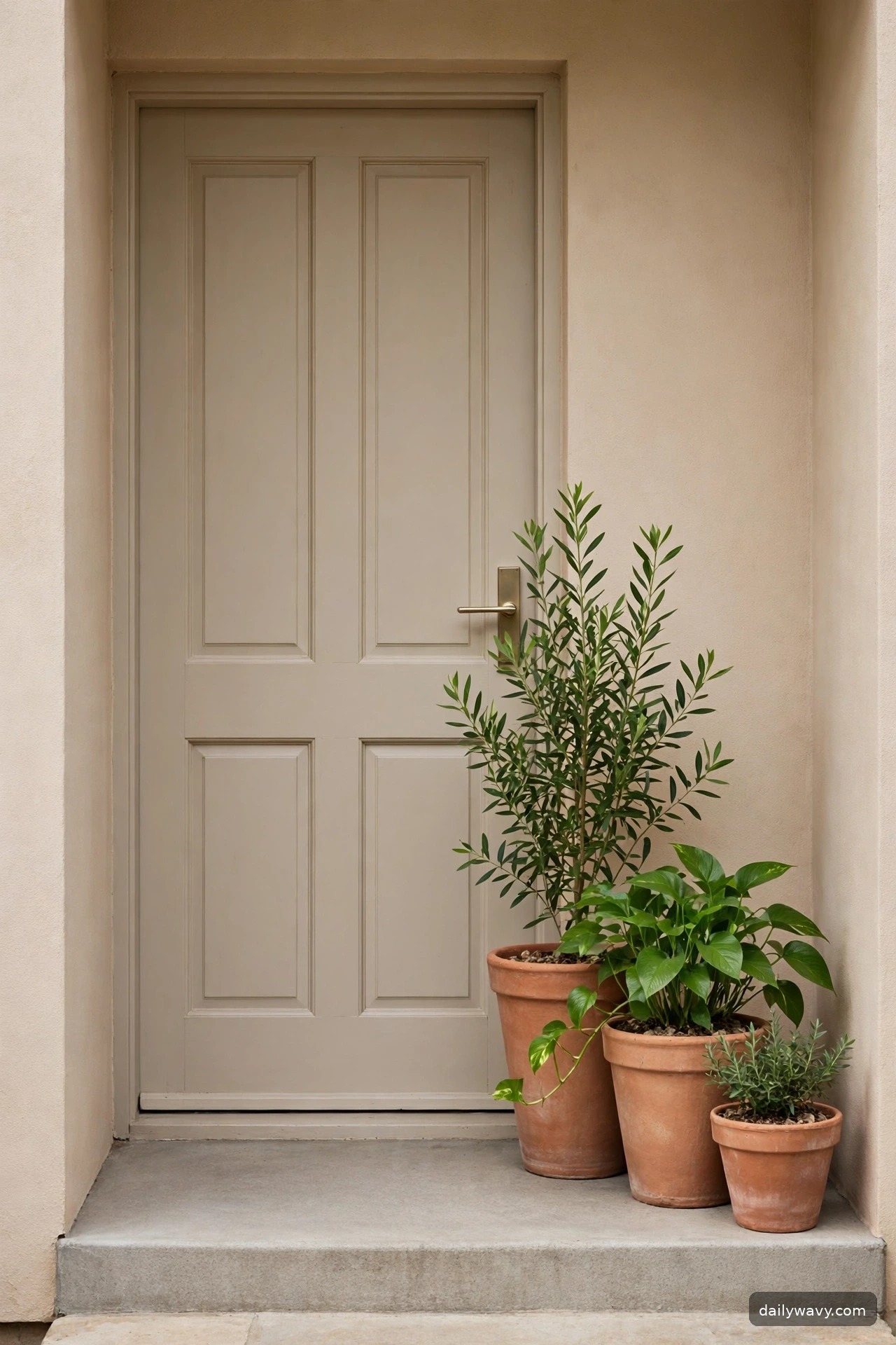 Grouping of three potted plants beside a front door