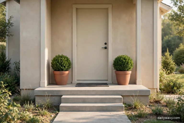 Small front porch with a pair of proportionate planters flanking the front door