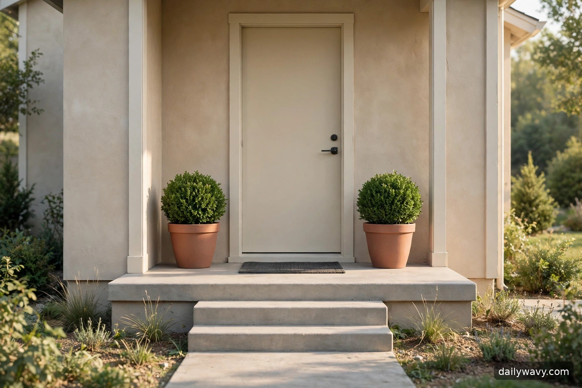 Small front porch with a pair of proportionate planters flanking the front door