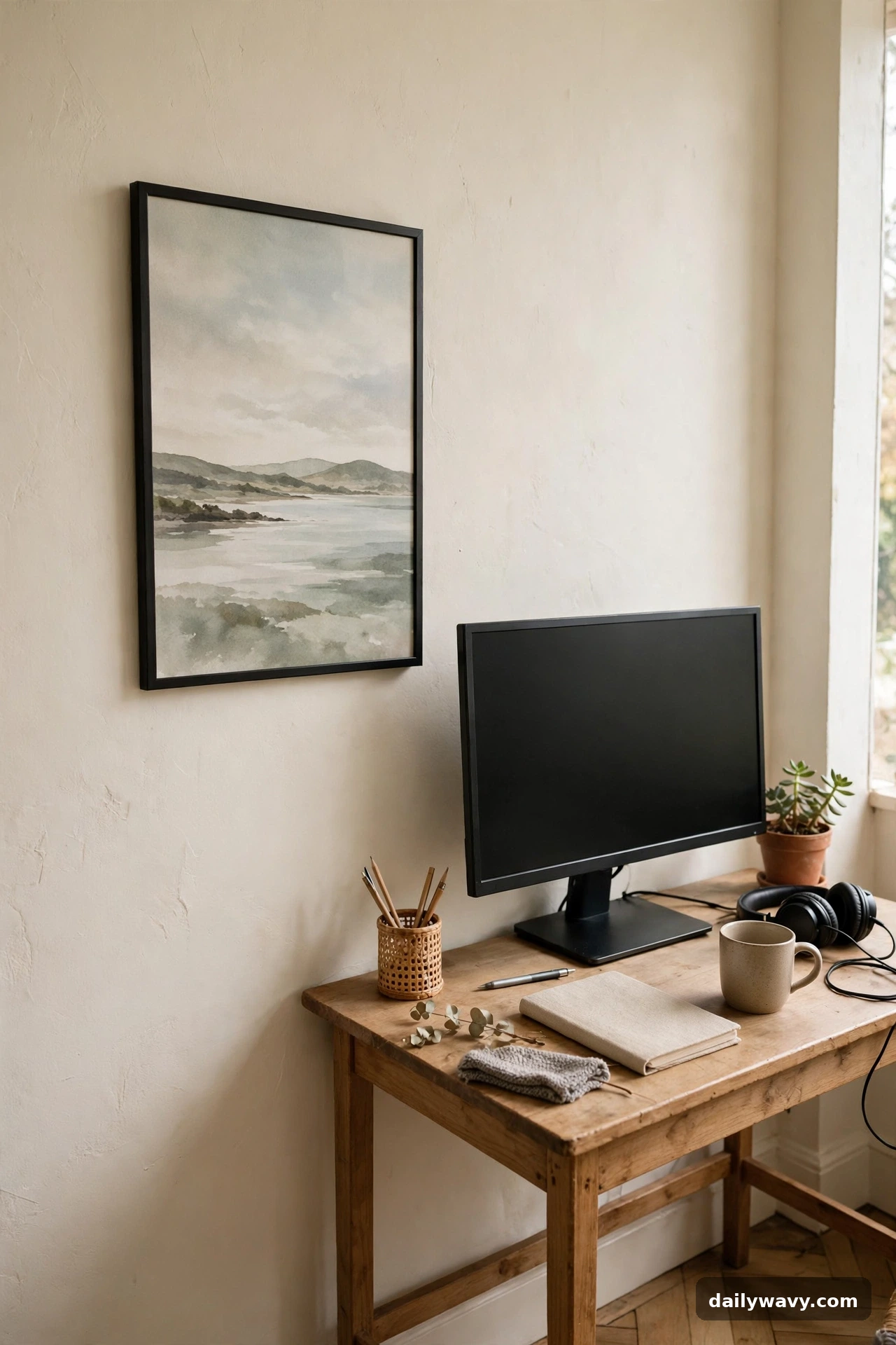 A Calm Artwork Beside The Screen in small home office decor