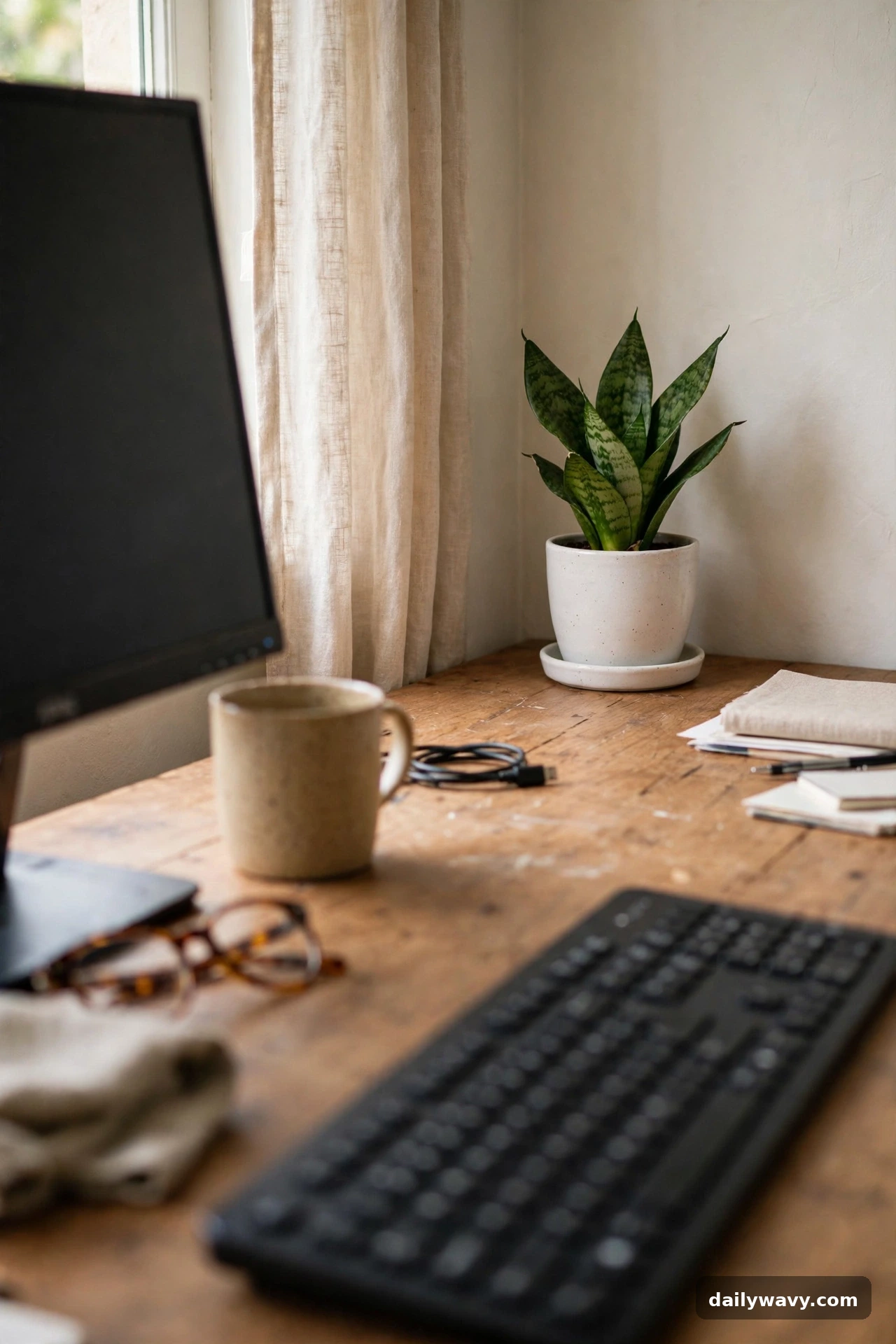 A Plant Positioned Out Of The Keyboard Zone in small home office decor